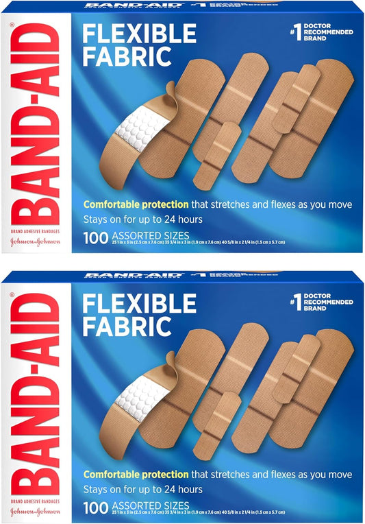 Band-Aid Brand Flexible Fabric Adhesive Bandages for Comfortable Flexible Protection & Wound Care of Minor Cuts, Scrapes, & Wounds, Assorted Sizes, Twin Pack, 2 x 100 ct