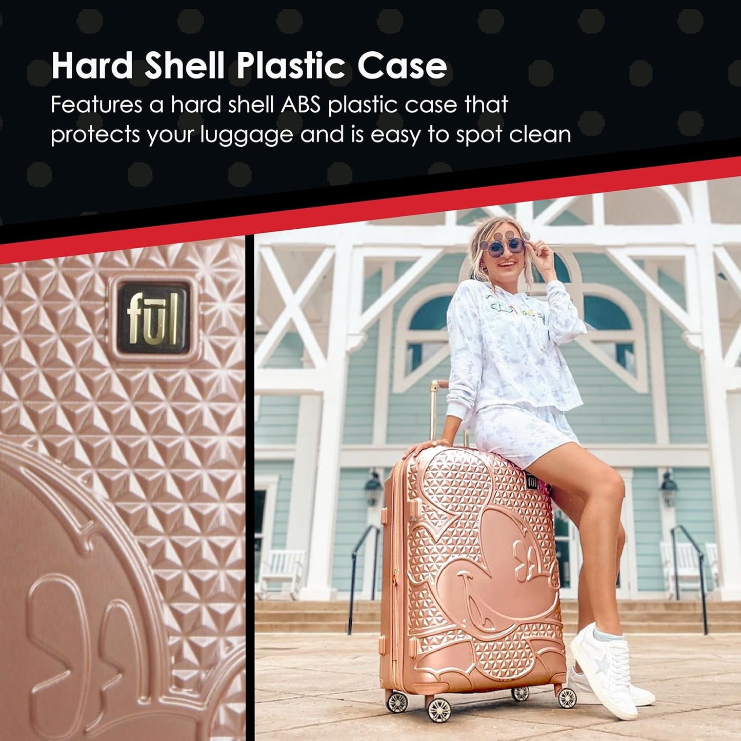 FUL Disney Mickey Mouse Rolling Luggage, Hardside Suitcase with Spinner Wheels, Rose Gold, 25 Inch