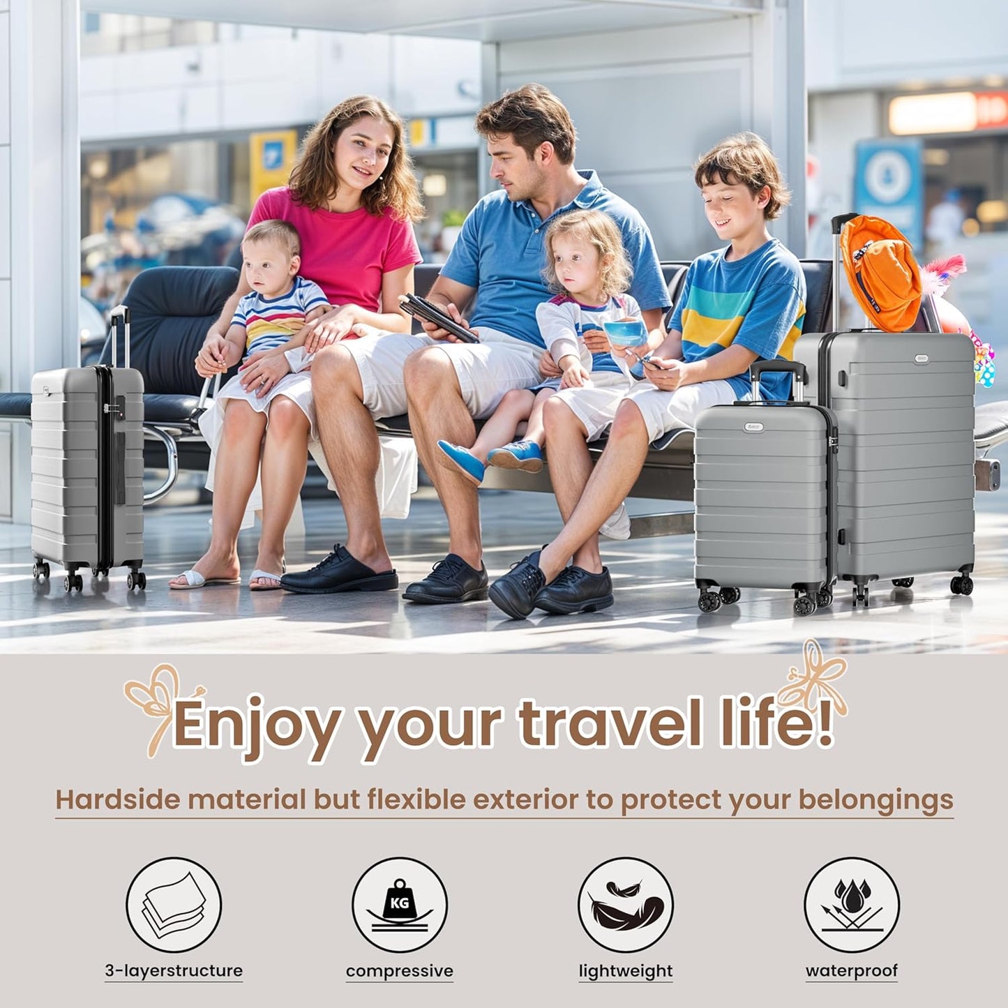 AnyZip Luggage Sets 3 Piece Hardshell Suitcase Set PC ABS Lightweight Travel Suitcases with 4 Double Spinner Wheels TSA Lock 20 24 28 Inch Silver