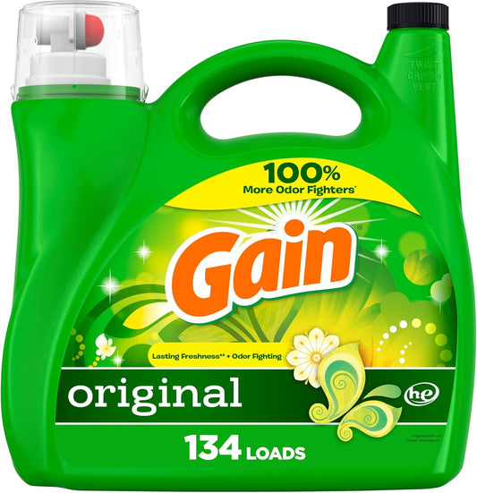 Gain Liquid Laundry Detergent, Original Scent, 194 fl oz, 134 loads, Freshness + Odor Fighting, Laundry Detergent Liquid Soap, HE compatible