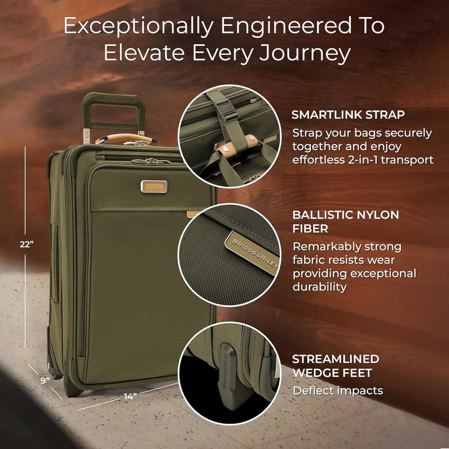 Briggs & Riley Essential 22" 2-Wheel Expandable Carry On - Luggage for Travel, Suitcases with Wheels, Softside Rolling Bag for Men & Women, Self-Repairing Zipper - Baseline Collection, Olive
