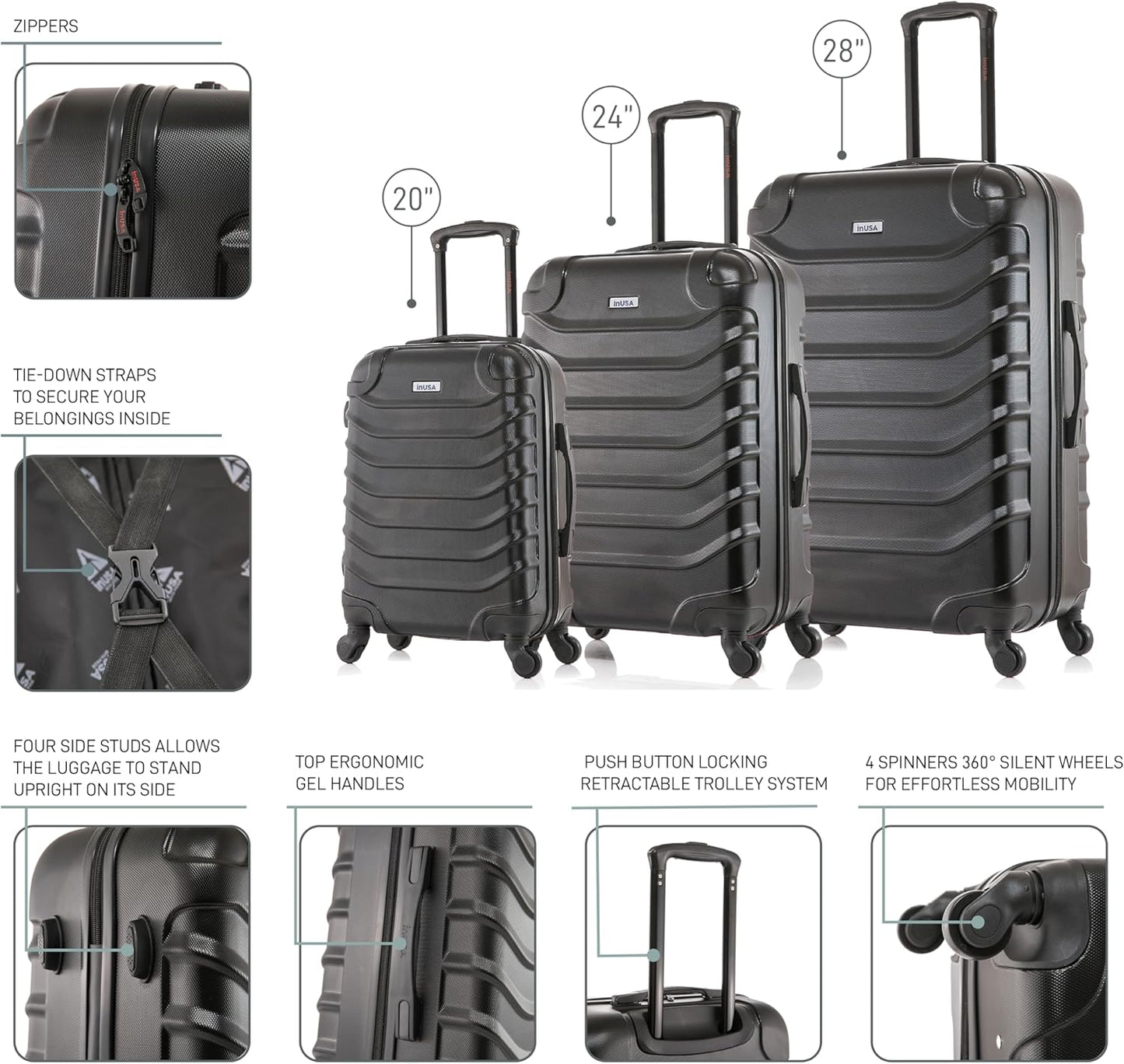 InUSA ENDURANCE Luggage with Spinner Wheels | Spacious Durable Lightweight Hardshell Suitcase, Travel Sets with Handle and Trolley | (20in, 24in, 28in) 3 Piece Luggage Set | Black