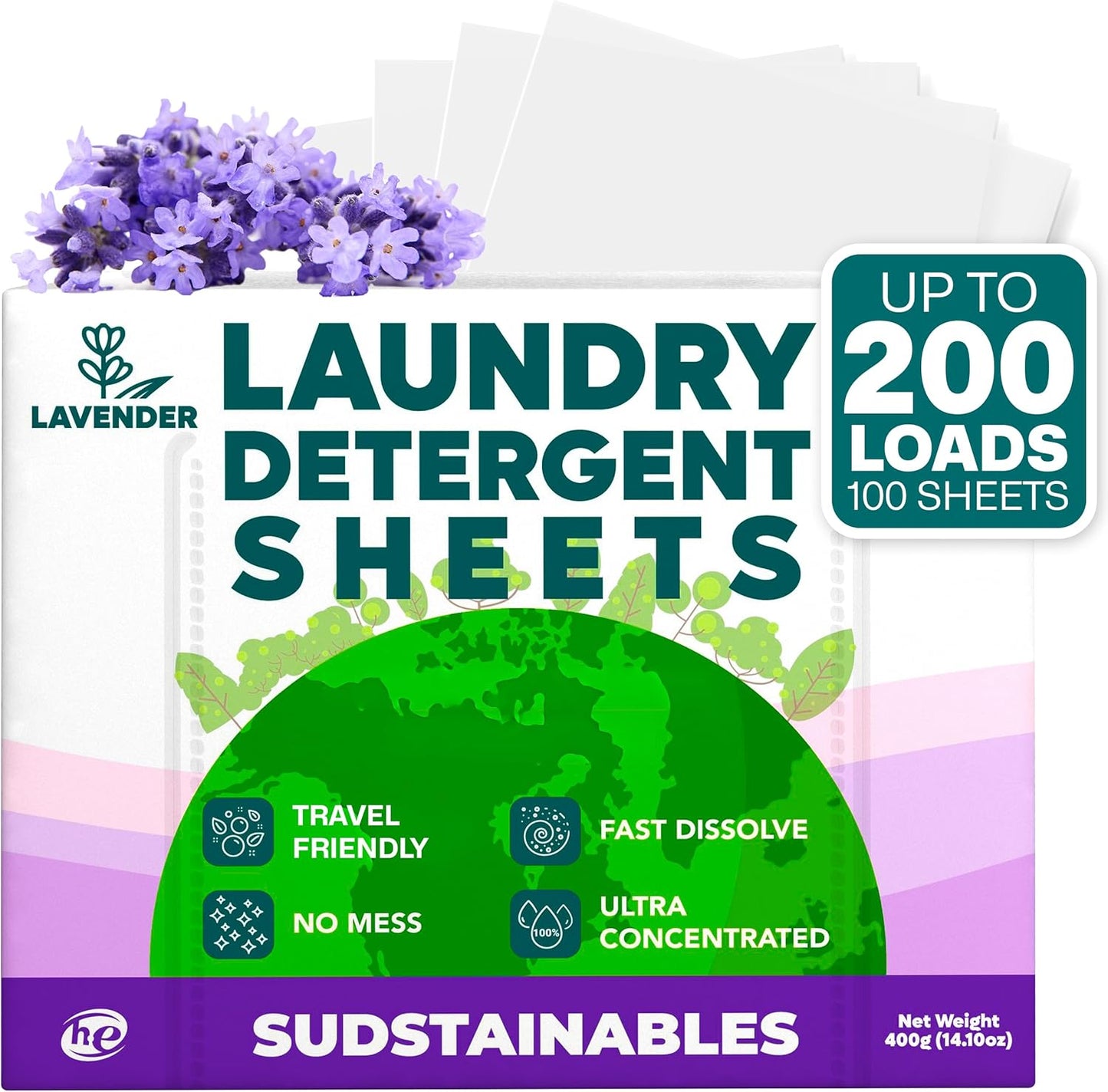 Sudstainables Laundry Detergent Sheets 200 Loads – Dissolvable Laundry Sheet for Washing Machines, Compact Alternative to Liquid & Powder Detergent, Travel-Friendly Soap | Lavender