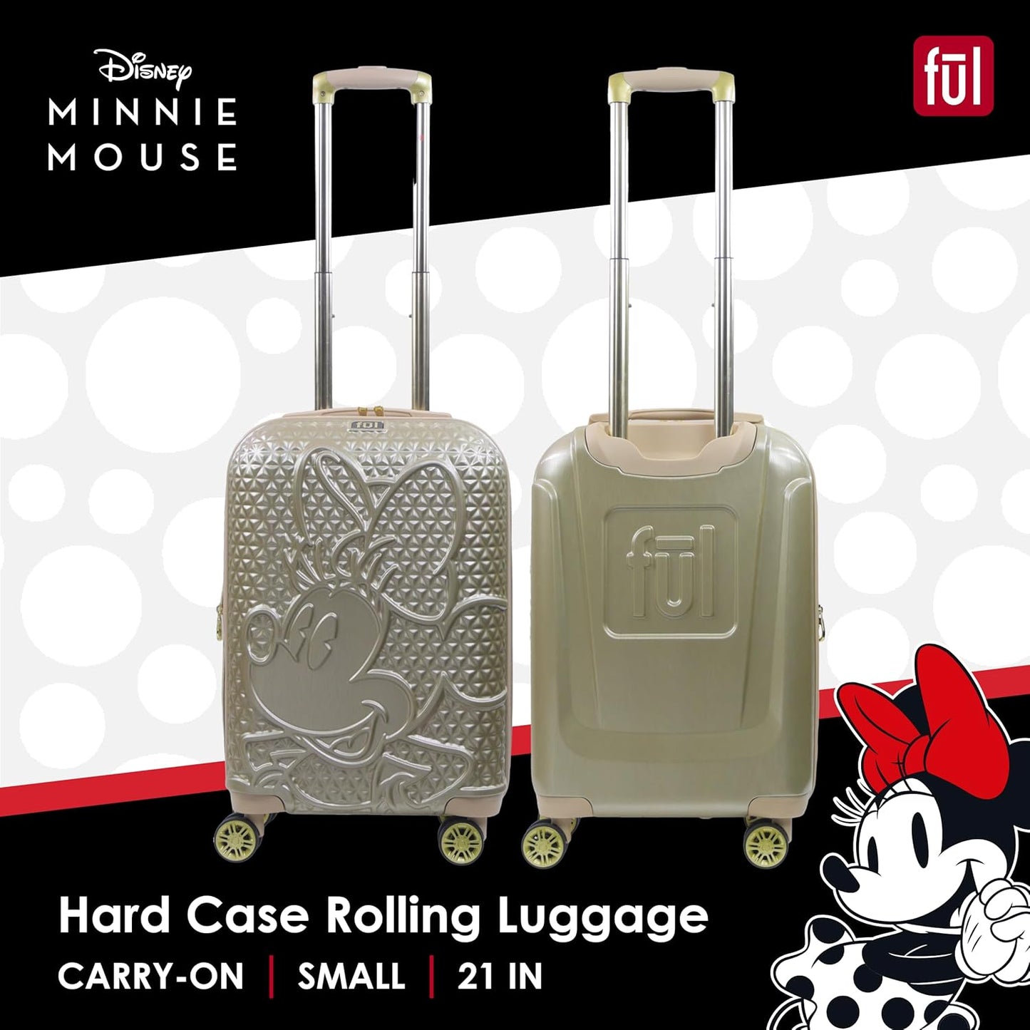 FUL Disney Carry On Luggage, Textured Hardshell Rolling Suitcase with Spinner Wheels, Minnie Mouse-Gold, 22 Inch