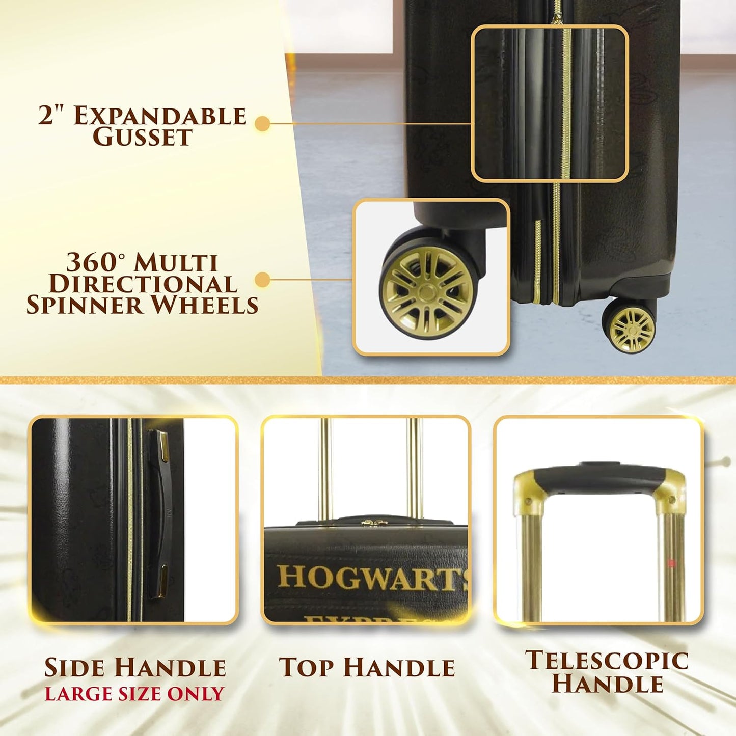 FUL Harry Potter 3 Piece Set Rolling Luggage, Hogwarts Express Hardshell Suitcases with Spinner Wheels, 21/25/29 Inch, Black
