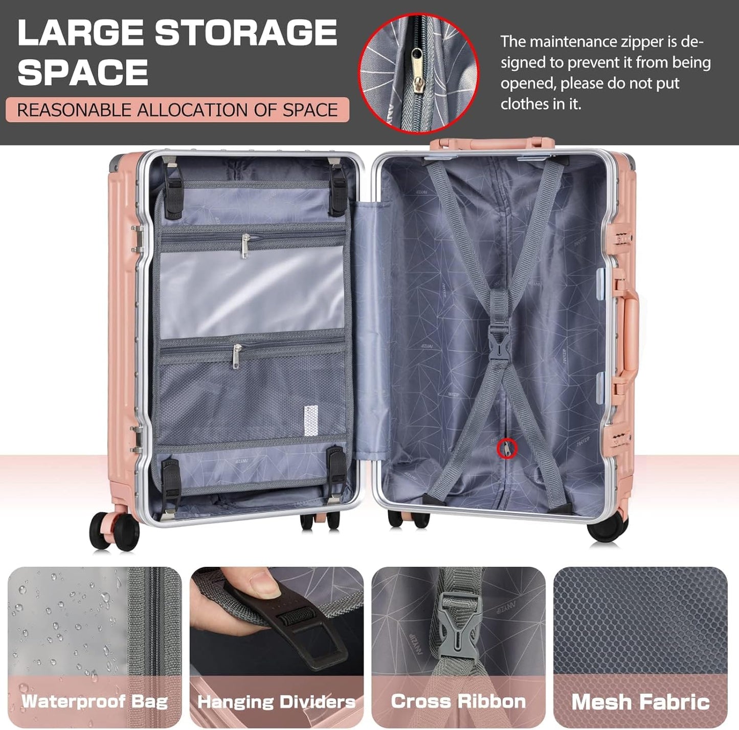 AnyZip Carry On Luggage Aluminium Frame Suitcase PC ABS Hard Shell TSA Lock No Zipper 20In Sakura Pink