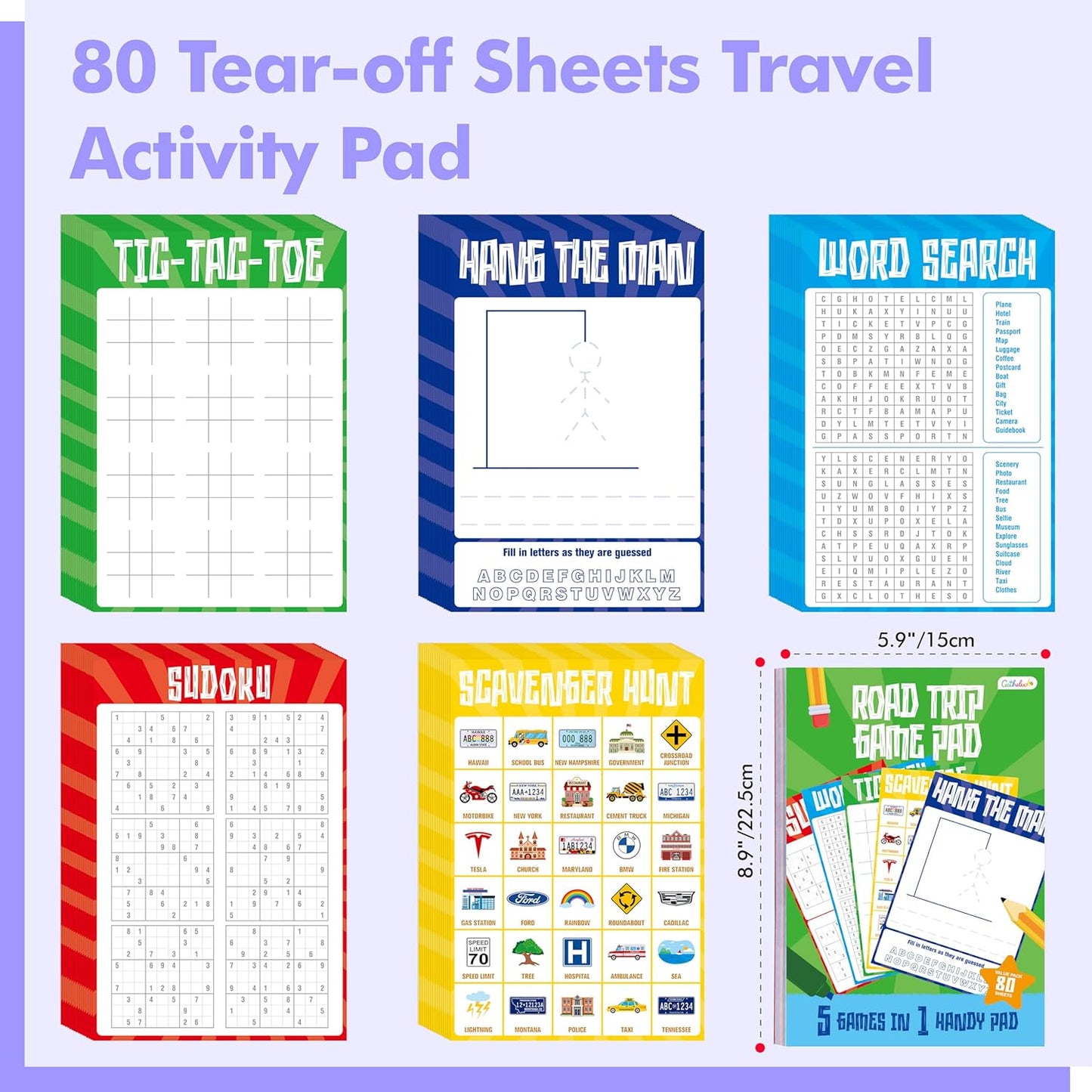 Road Trip Game Pad, 80 Perforated Sheets Travel Activity Pad, 5 Games in 1 Pad, Plane, Car Trip Activity, Pen Pencil & Paper Game for Kids, Adults (6” x 9”)