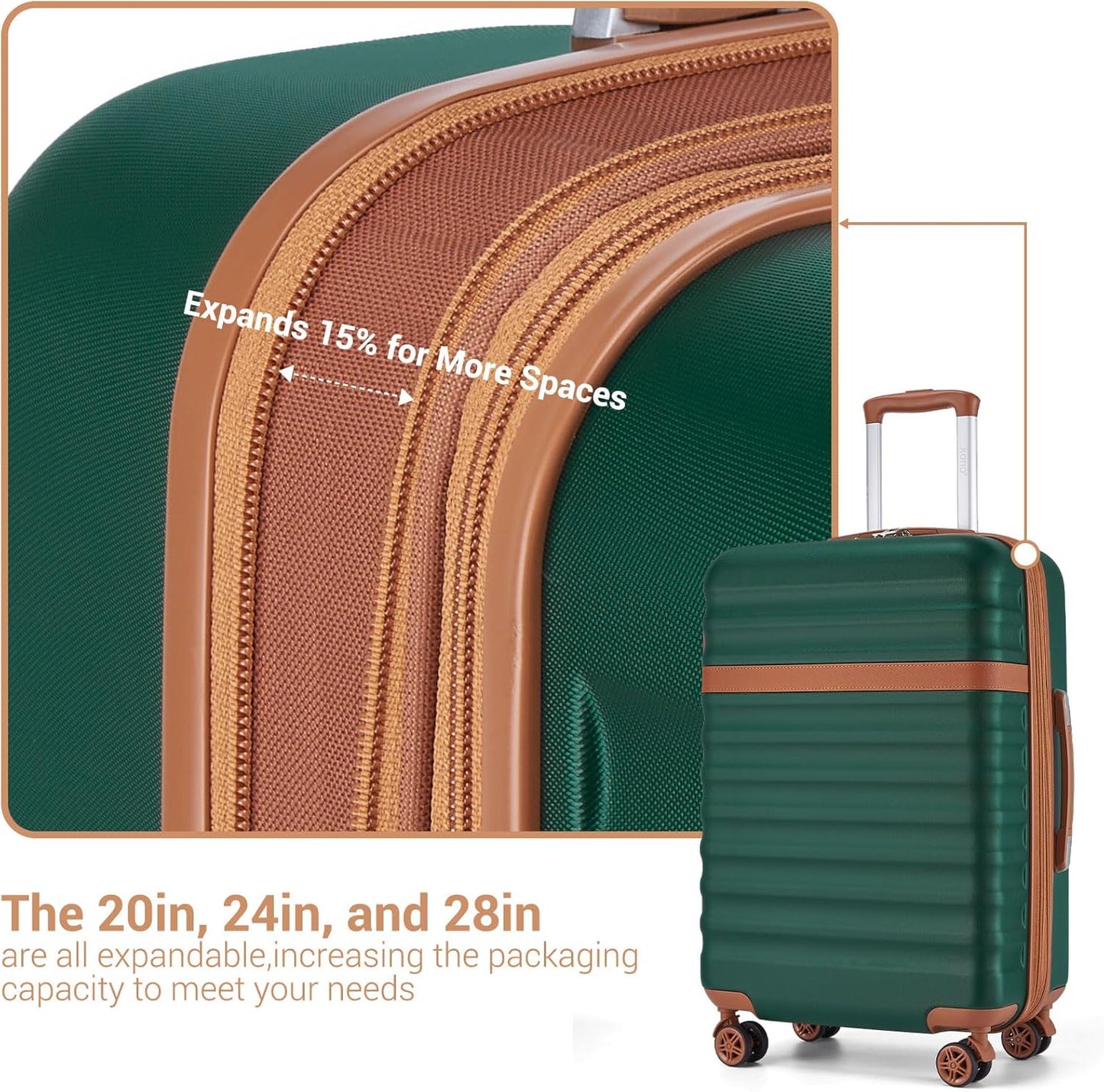 Kono Expandable 28 Inch Large Checked Luggage: ABS+PC Hardside Trolley Travel Case - Hard Shell Suitcase with TSA Lock,Green