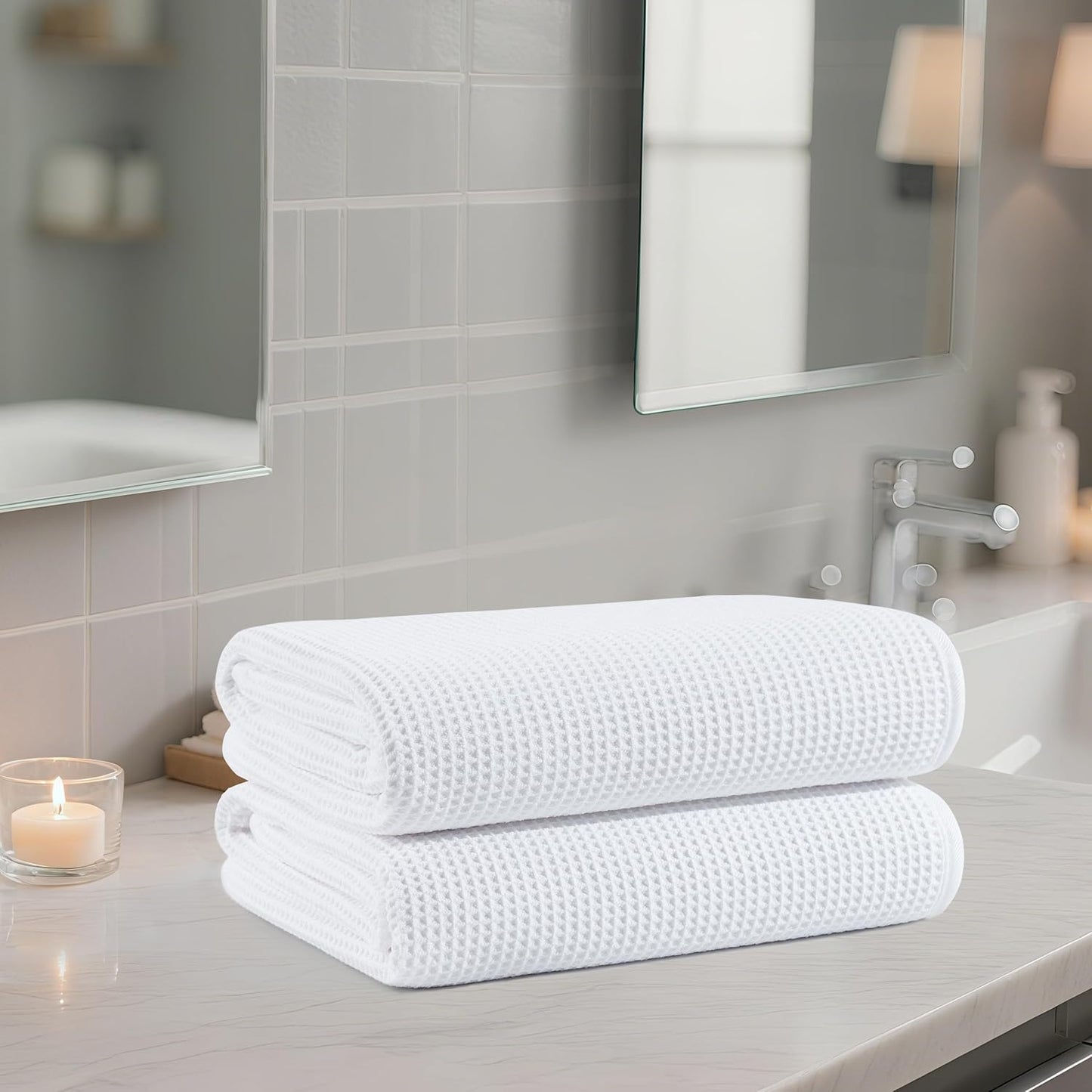 POLYTE Microfiber Oversize Quick Dry Lint Free Waffle Bath Towel for Body, 60 x 30 in, Set of 2