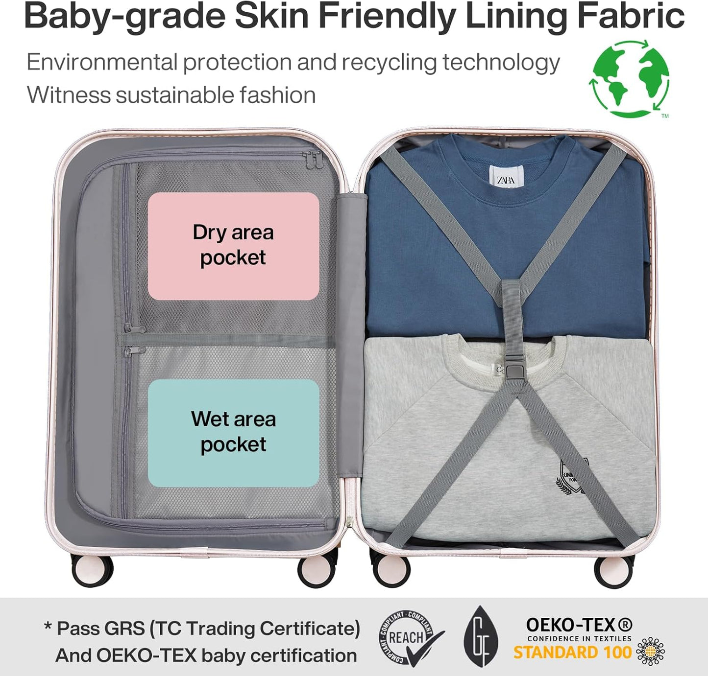 mixi Carry on Luggage, 20'' Suitcase Spinner Wheels Luggage Hardshell Lightweight Rolling Suitcases PC with Cover & TSA Lock for Business Travel, Off White（Slight Pink）