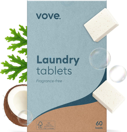 Vove Plastic-Free Laundry Detergent Tablets, 60 Pack – Concentrated, Biodegradable & Plant-Based Formula with 3x Enzyme Power – Tough on Stains, Gentle on Fabric, Fragrance-Free & Eco-Friendly