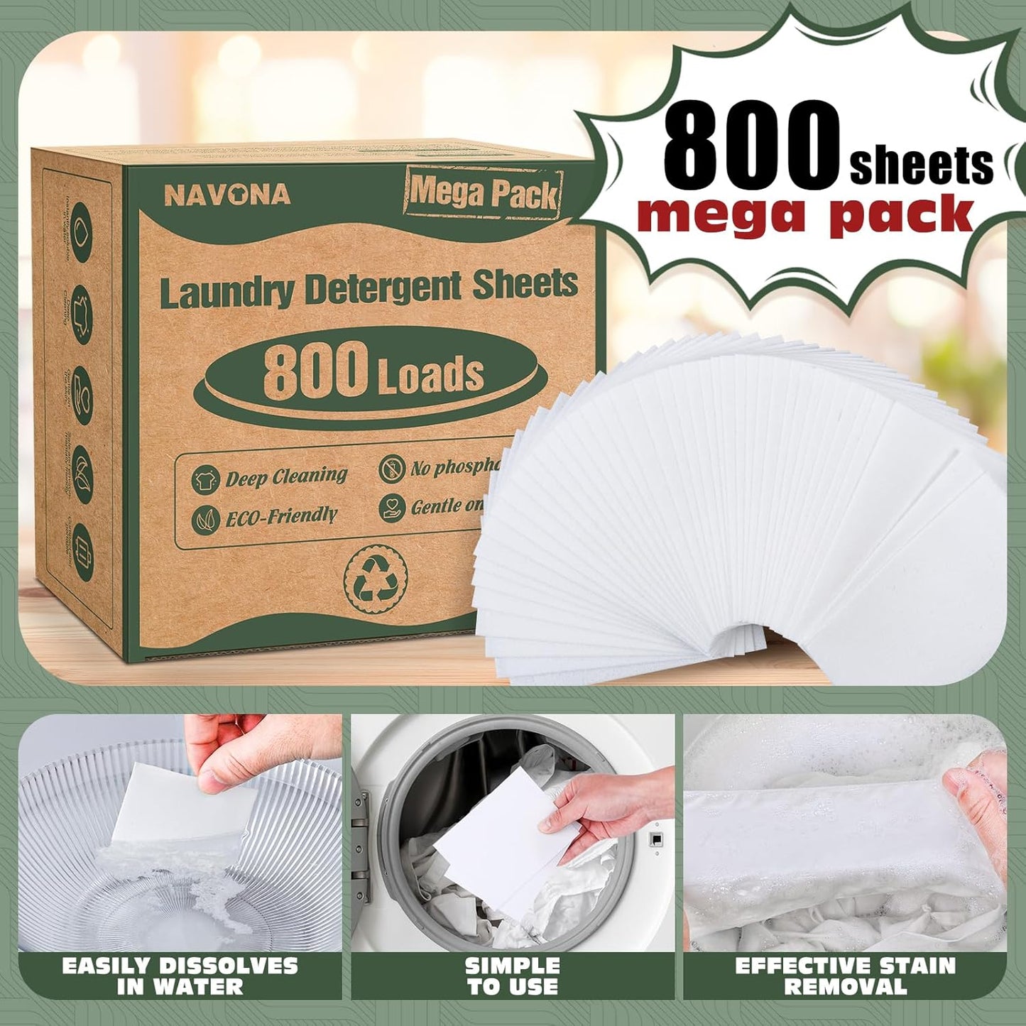 800 Loads Mega Pack Laundry Detergent Sheets, Eco-friendly Laundry Sheets, Powerful Cleaning, Suitable for Homes, Dorms, and Apartments - [Fresh Scent]