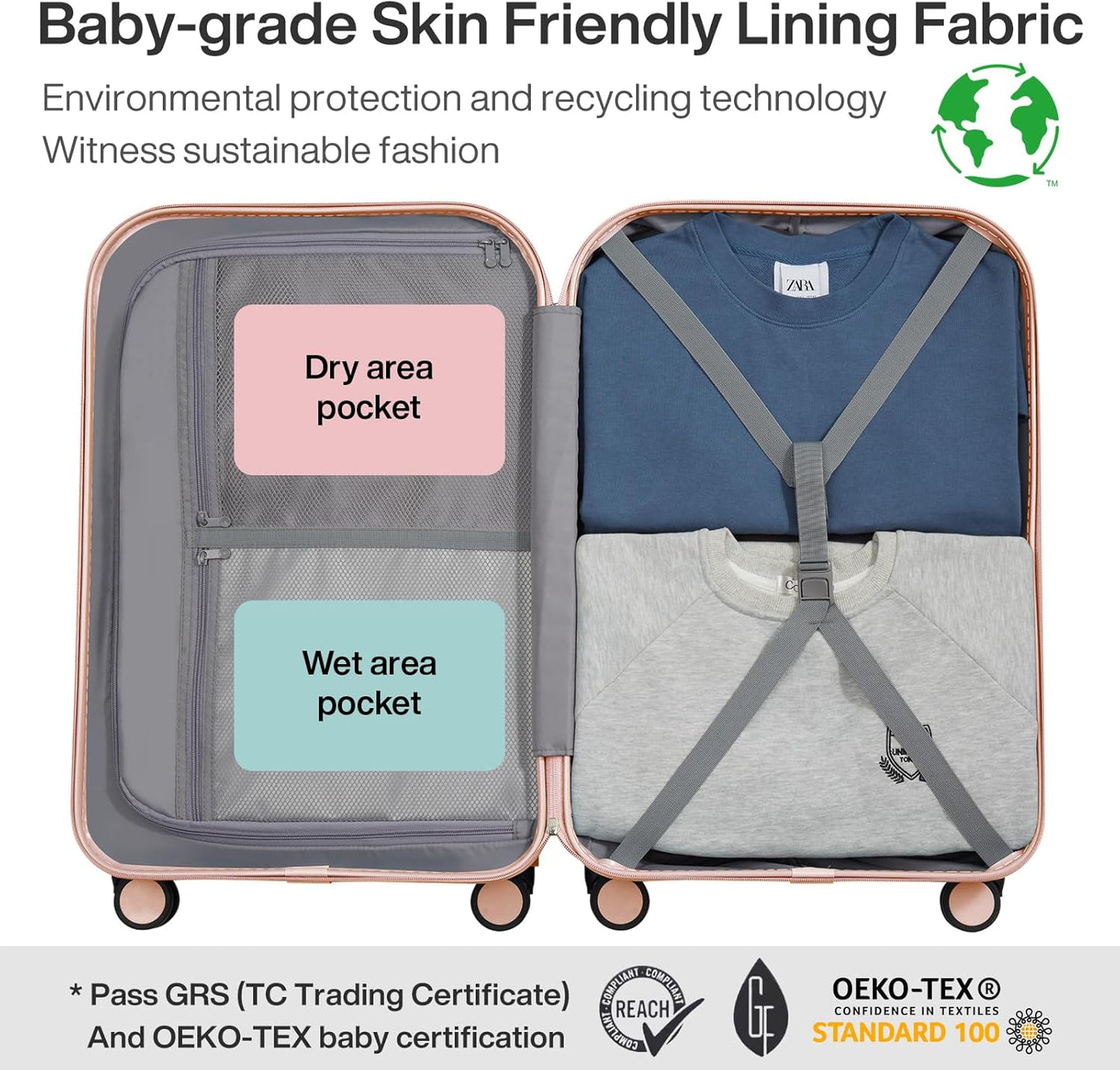 mixi Carry on Luggage, 20'' Suitcase Spinner Wheels Luggage Hardshell Lightweight Rolling Suitcases PC with Cover & TSA Lock for Business Travel, Pink