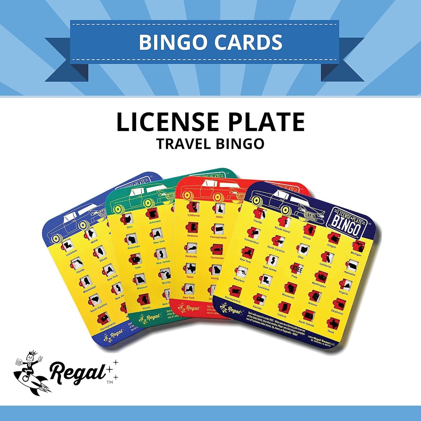 Regal Games Finger-Tip Shutter Bingo Cards with Sliding Windows - License Plate & Travel Bingo Game Set for Adults & Kids - Reusable, No Chips & Daubers Needed - 4 Packs - Yellow
