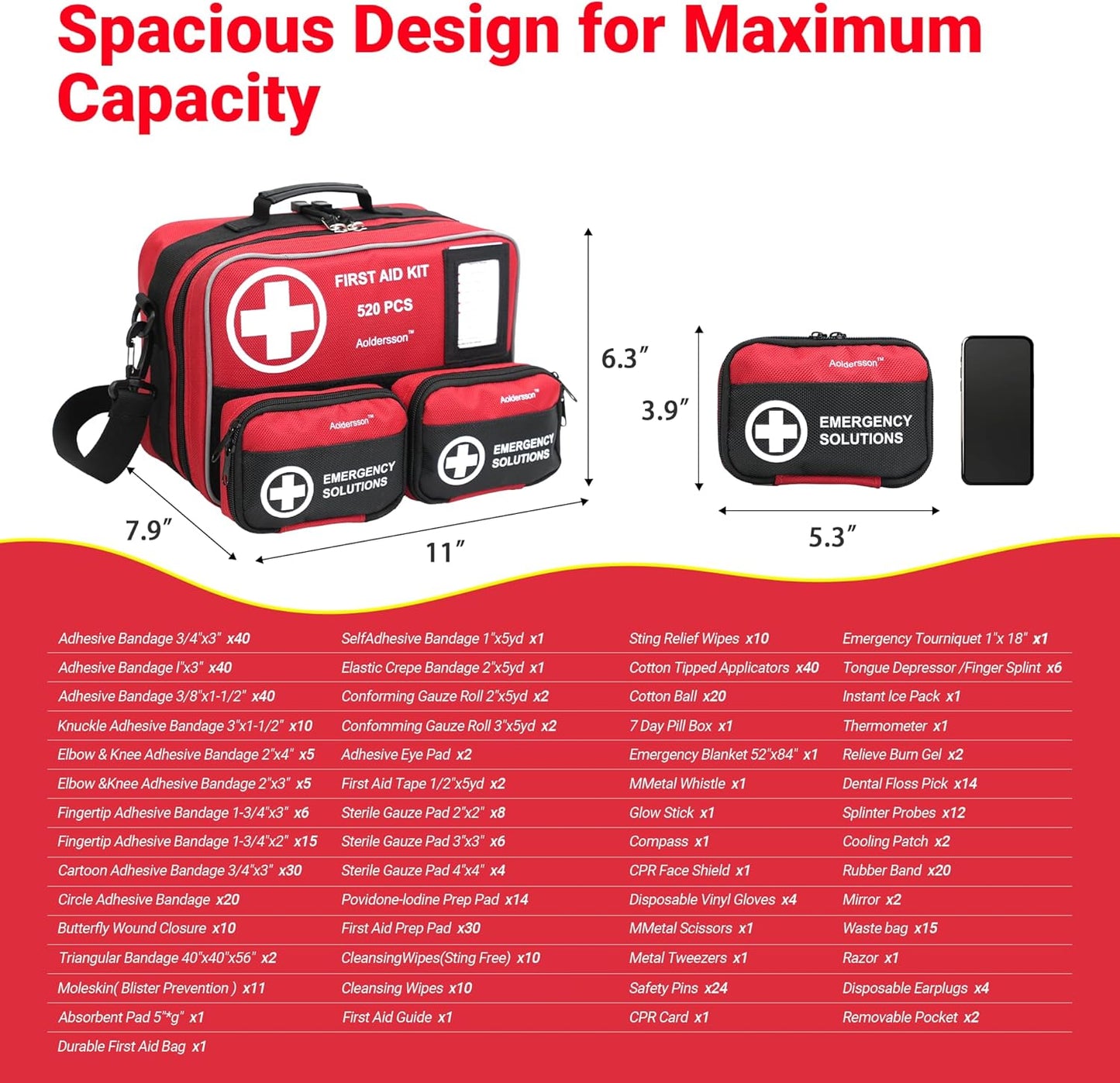 520 Piece Large First Aid Kit – Emergency Survival Kit for Car, Home, Camping, and Travel – Compact Medical Kit for Roadside Emergencies, Outdoor Adventures, and Everyday Safety