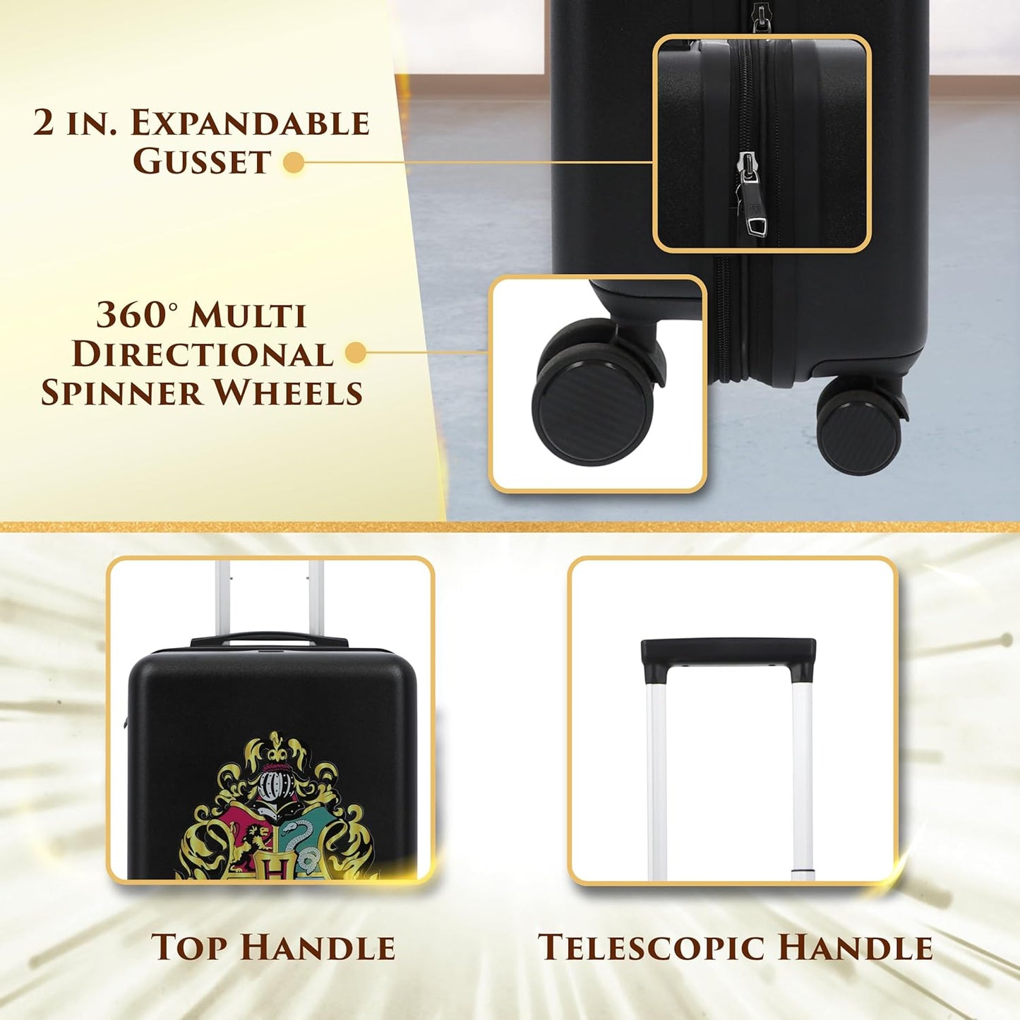 FUL Harry Potter 22.5 Inch Carry On Luggage, Hogwarts Crest Hardshell Rolling Suitcase with Spinner Wheels, Black