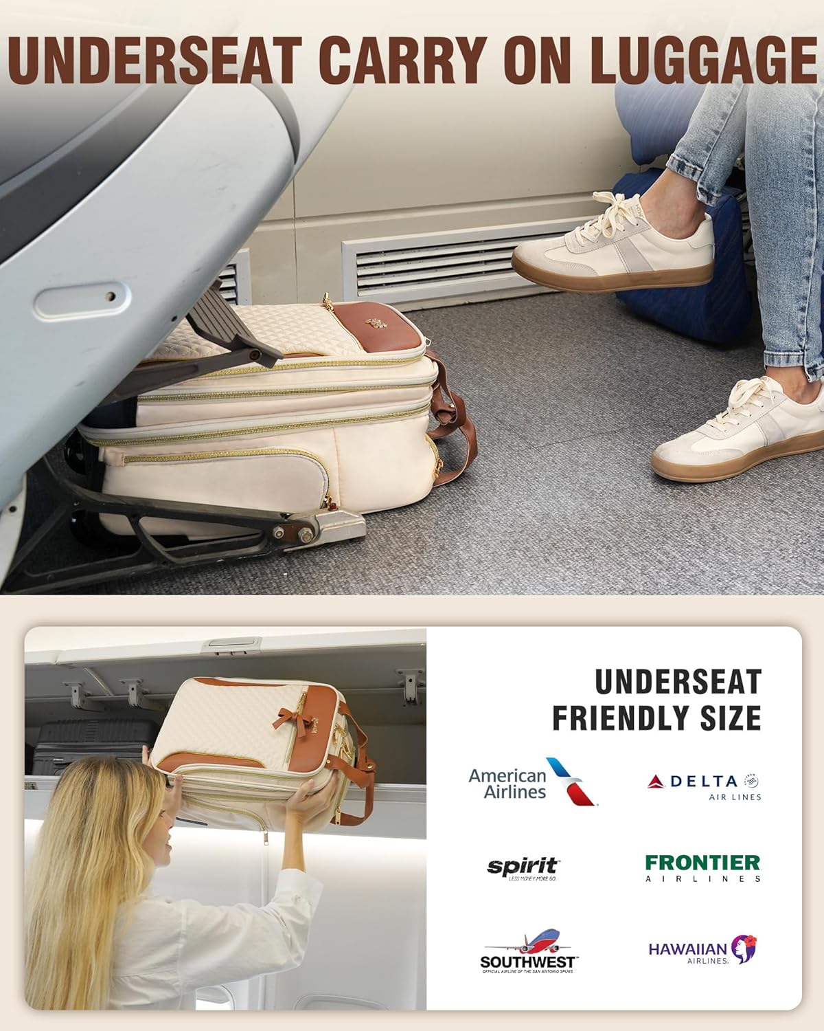 Underseat Carry On Luggage with Wheels, Airline Approved Personal Item Suitcase with Multiple Compartments, Lightweight Softside Under Seat Carry-on Suitcases for Women Travel Business, Beige