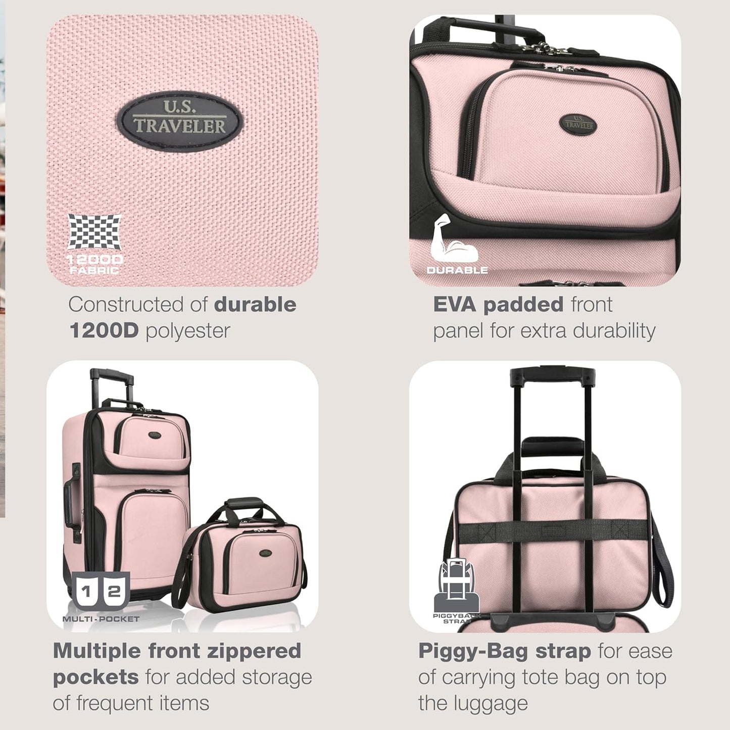 U.S. Traveler, Rio Rugged Fabric Expandable Upright Rolling Carry-on Luggage Set w/Tote Bag, Pink, 2-Piece (21/14)