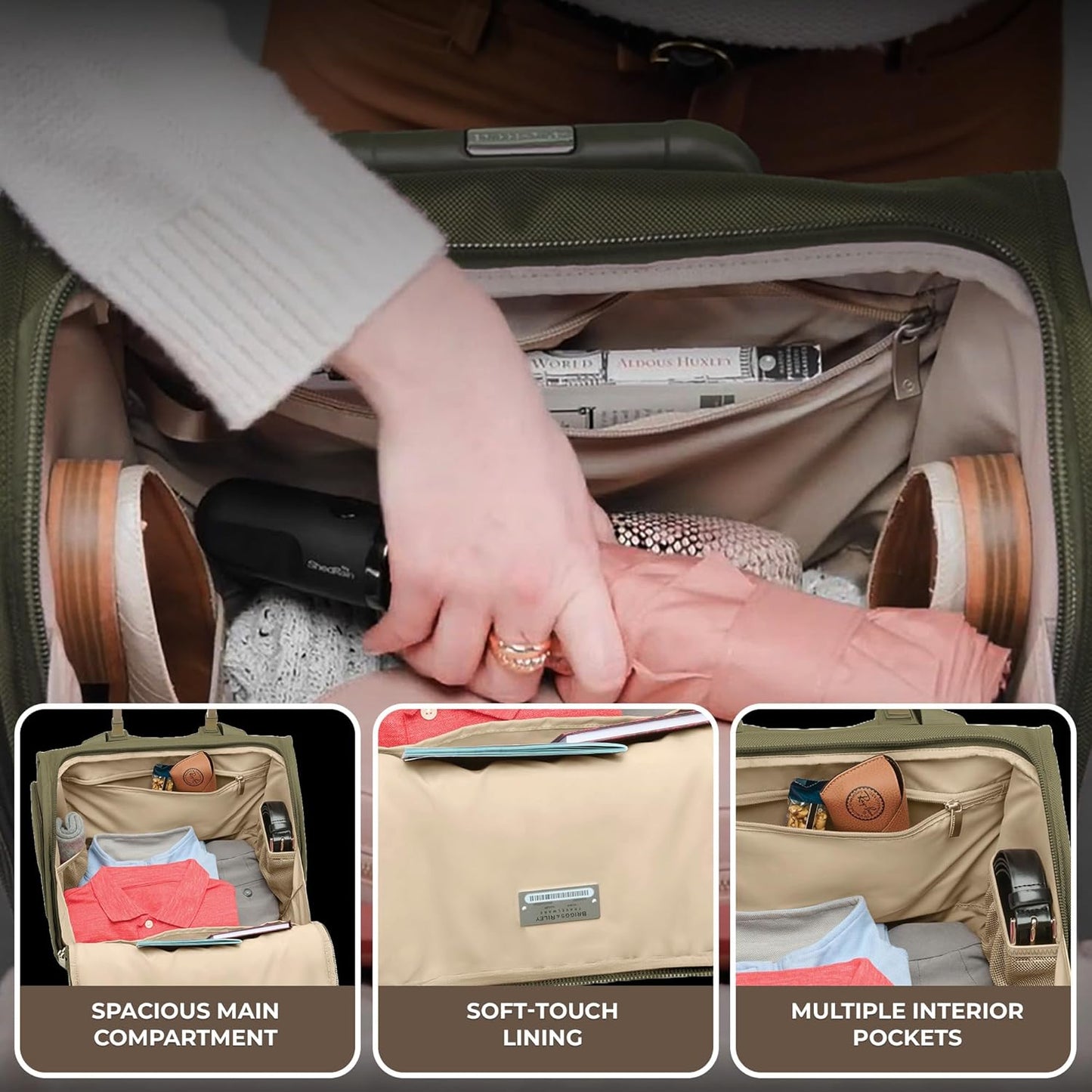 Briggs & Riley 2-Wheel Cabin Bag - Carry On Luggage for Travel, Suitcases with Wheels, Softside Rolling Bag for Men & Women, Interlocking Handle, Self-Repairing Zipper - Baseline Collection, Olive