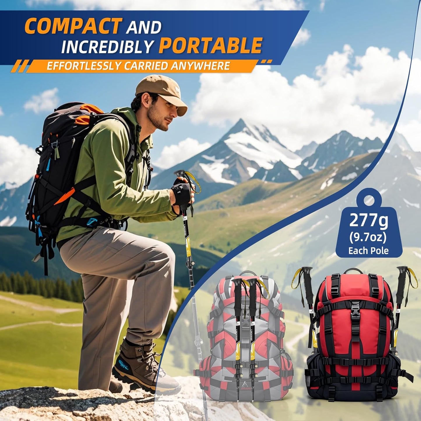 Lightweight Collapsible Trekking Poles for Hiking – 2 Pack Adjustable Hiking Poles, Aluminum Walking Sticks for Skiing, Nordic Walking, Retractable Walking Sticks for Seniors, Women, Men