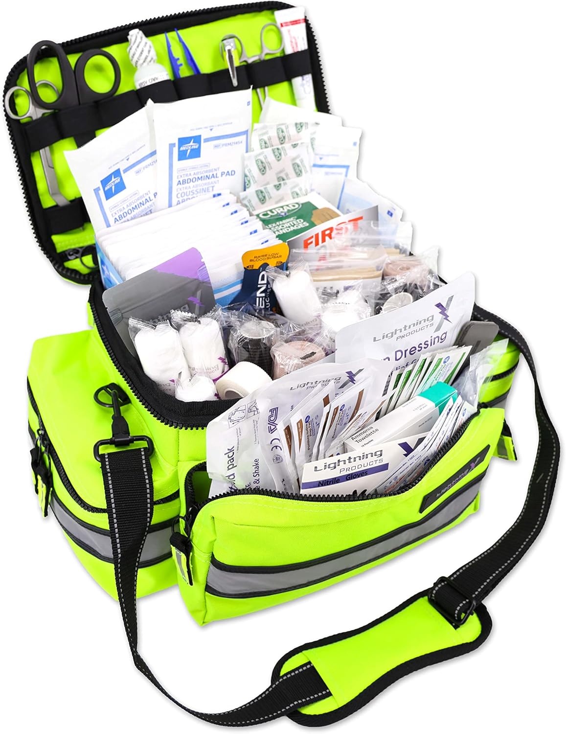 Lightning X Products Lightning X Mid-Sized First Responder EMT Bag | LXMB25 Fully Stocked Aid Kit w/ 200+ BLS Supplies - Fluorescent Yellow