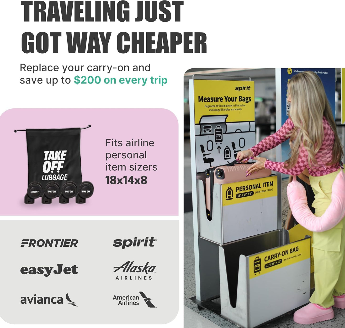 Take OFF Luggage Personal Item 3.0 – 18x14x8 Underseat Carry On with Removable Wheels – TSA Lock, Hardshell Suitcase – Fits Tight Airline Size Rules – No-Fee Lightweight Travel Bag