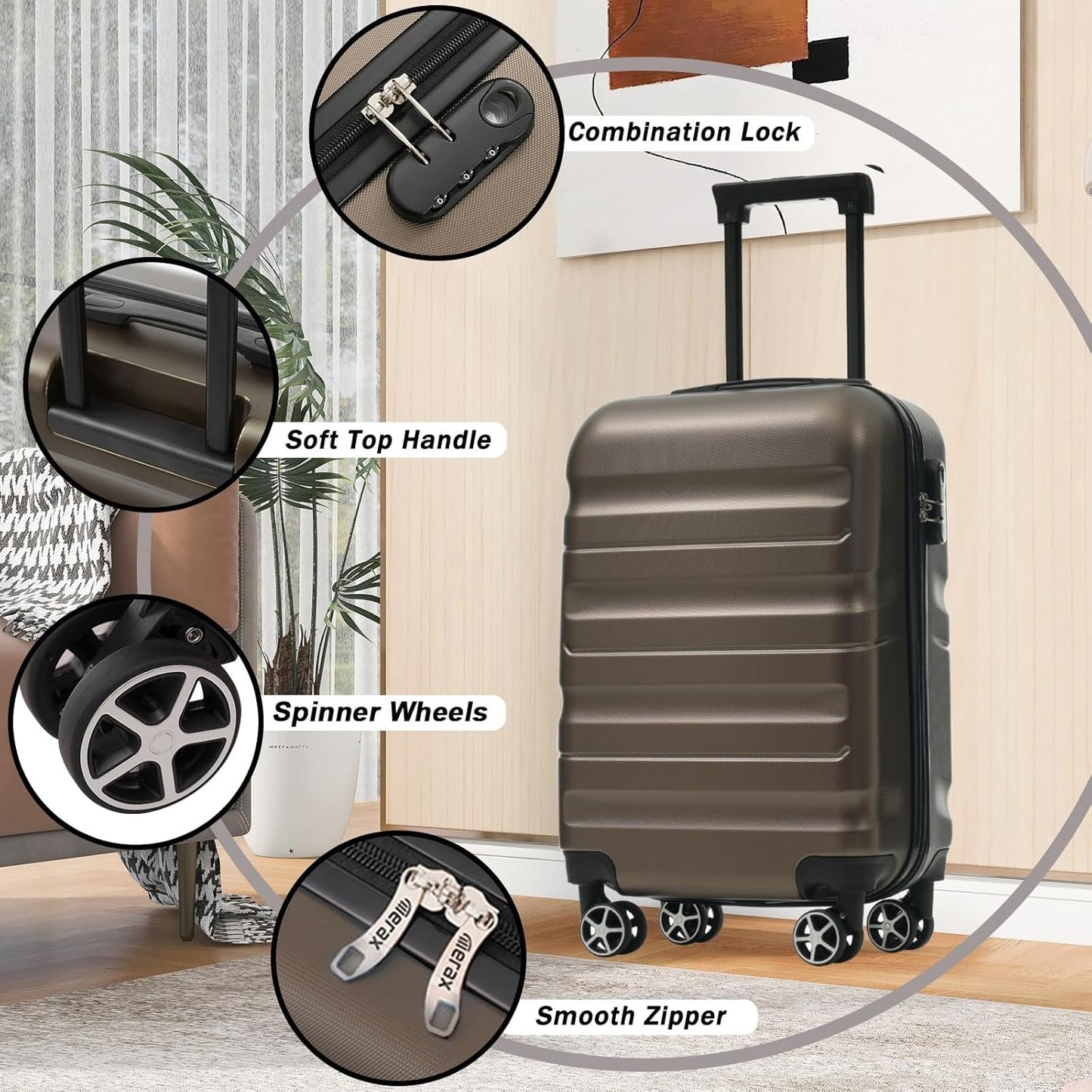 Merax Carry On Luggage Set 20 Inch Hardshell ABS Suitcase with 8 Silent Wheels Foldable Duffel Bag Durable Travel Luggage for Daily Use Business Brown