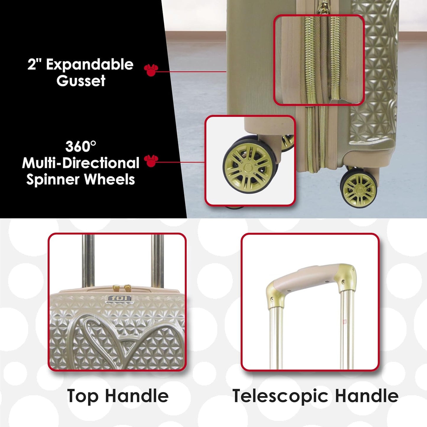 FUL Disney Carry On Luggage, Textured Hardshell Rolling Suitcase with Spinner Wheels, Minnie Mouse-Gold, 22 Inch