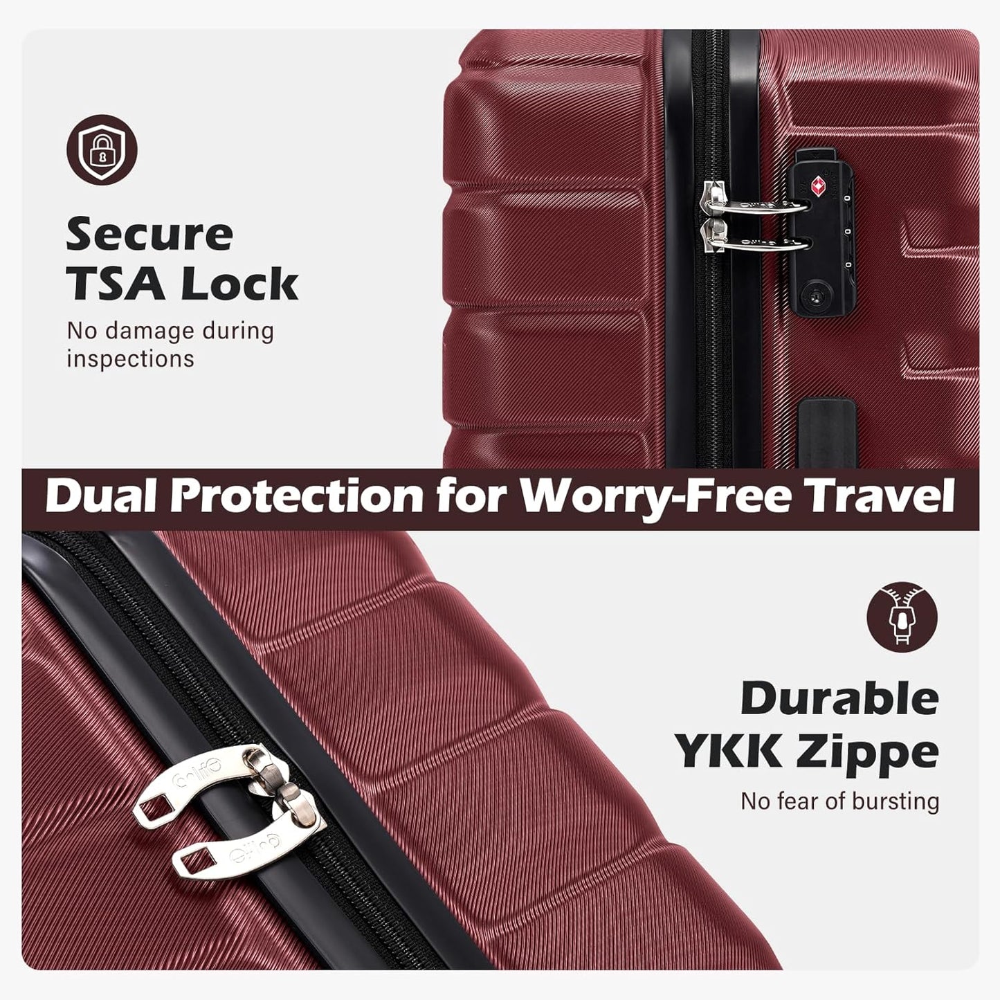 Coolife Carry On Luggage Airline Approved with Wheels Hard Shell Suitcase Spinner TSA Lock Telescopic Handle 20in-Wine Red