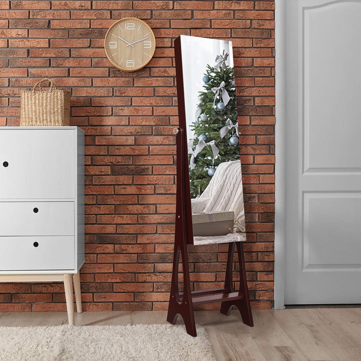 Giantex 12 LED Jewelry Armoire Cabinet with Frameless Full-length Mirror, Standing Jewelry Cabinet with 16 Lipstick Holders, Large Storage Capacity, 3 Angles Adjustable (Brown)