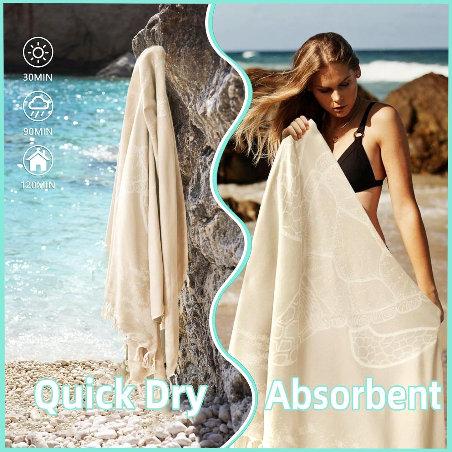 Oversized Turkish Beach Towel Blanket Cotton Giant XL Sandproof Towels Huge Linen XXL Extra Large Big Throw Quilt Blankets for Adults Beige Turtle