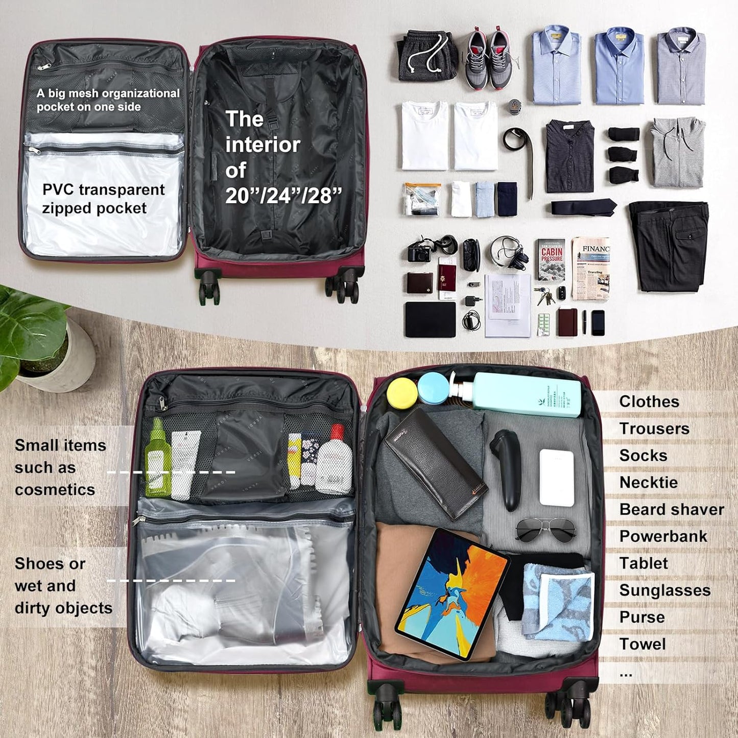 Verdi Softside Expandable Carry-On Luggage with Spinner Wheel USB Port Lightweight (Burgundy, 20-Inch Carry-On)