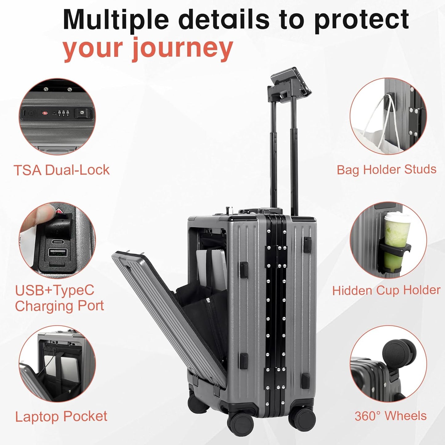 Carry On Luggage 22x14x9 Airline Approved Aluminum Frame, 20 Inch Hard Shell Carry On Luggage, Suitcase Carry-on Zipperless Luggage, TSA Approved (Grey)