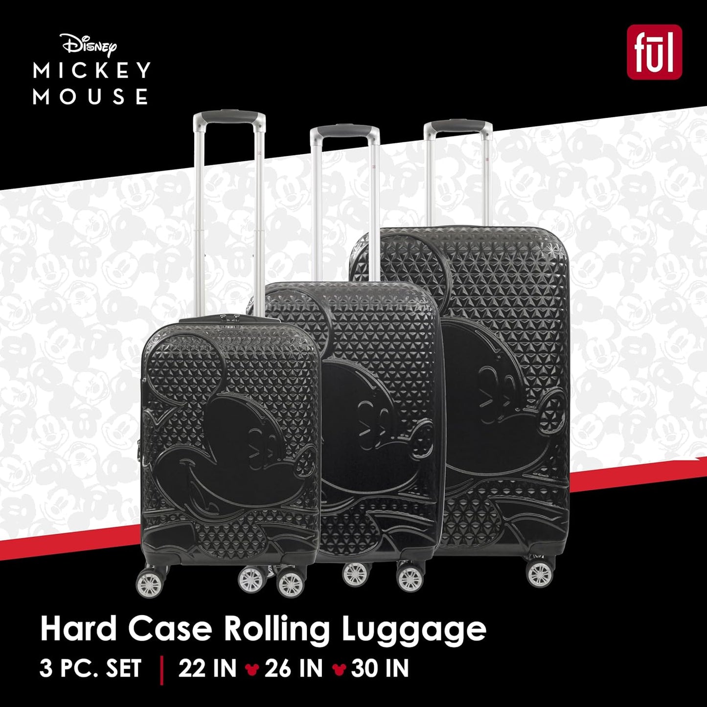 FUL Disney 3 Piece Rolling Luggage Set, Hardshell Suitcases with Spinner Wheels, Mickey Mouse-Black