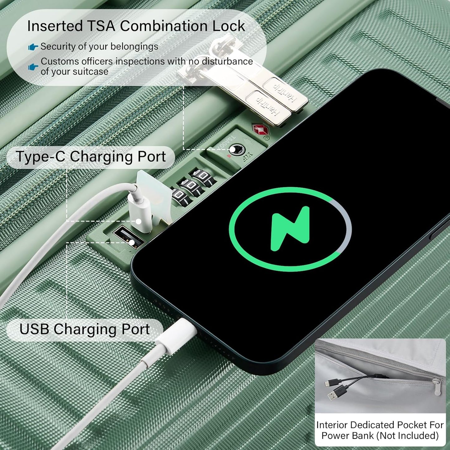 Hard Shell Suitcases Airline Approved 20 Inch Carry on Luggage, Expandable Travel Luggage with Cup Holder Charger Built in, Small Lightweight Suitcases with Wheels, Forest Green