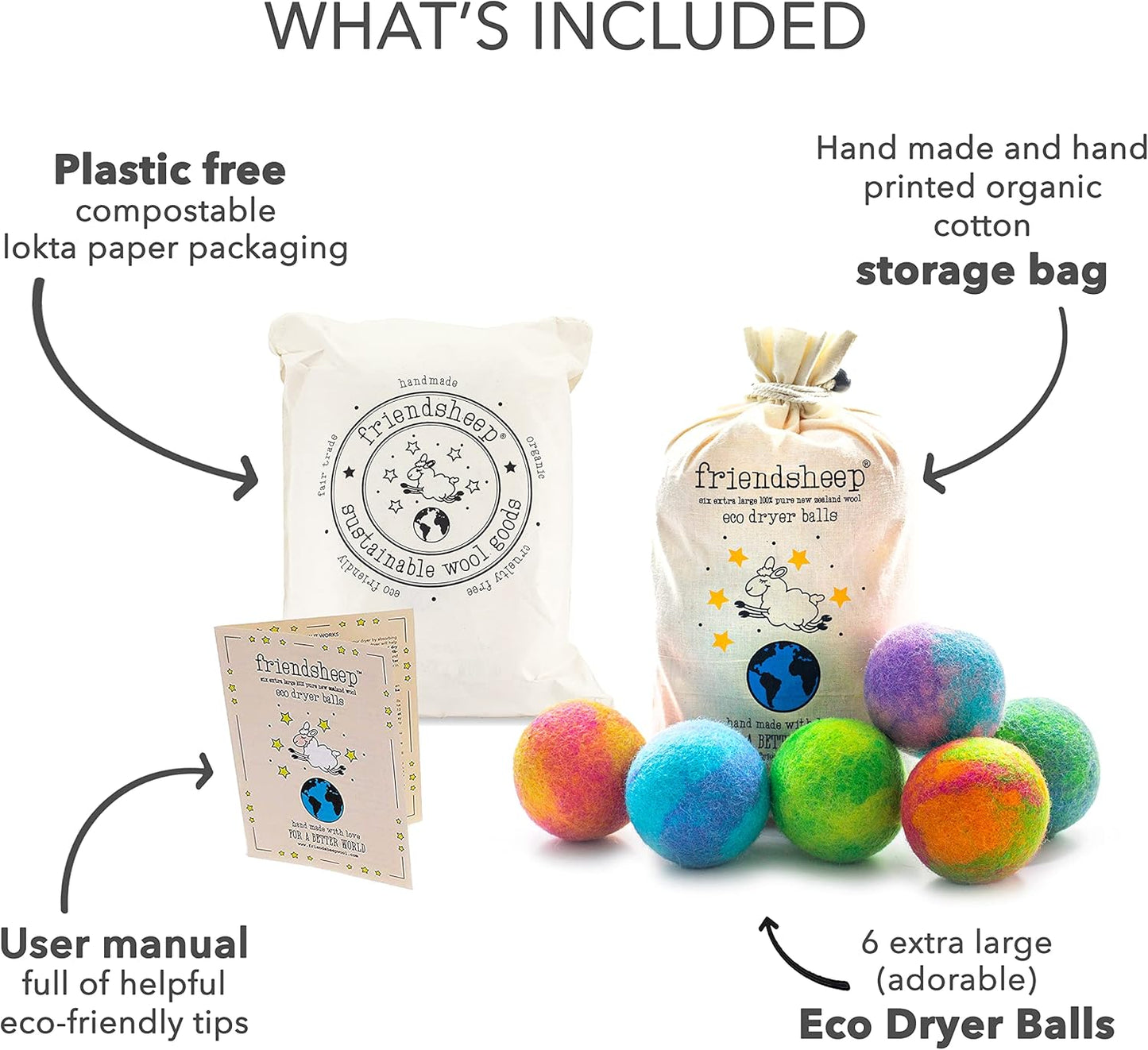 Friendsheep Wool Dryer Balls, Organic Reusable Fabric Softener Alternative for Laundry, Handmade, Fair Trade, Hypoallergenic, Eco-Friendly, Plastic-Free (6 Pack XL - Galxy Tie Dye)