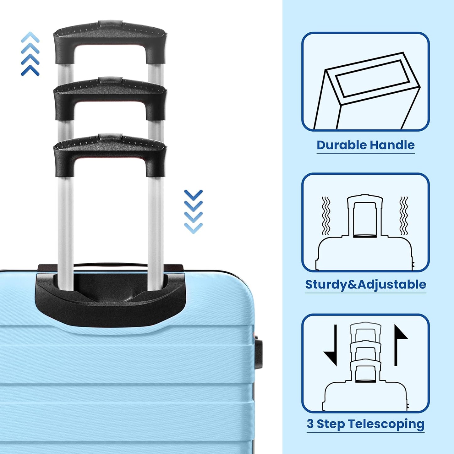 AnyZip Luggage Sets 3 Piece Hardshell Suitcase Set PC ABS Lightweight Travel Suitcases with 4 Double Spinner Wheels TSA Lock 20 24 28 Inch Light Blue