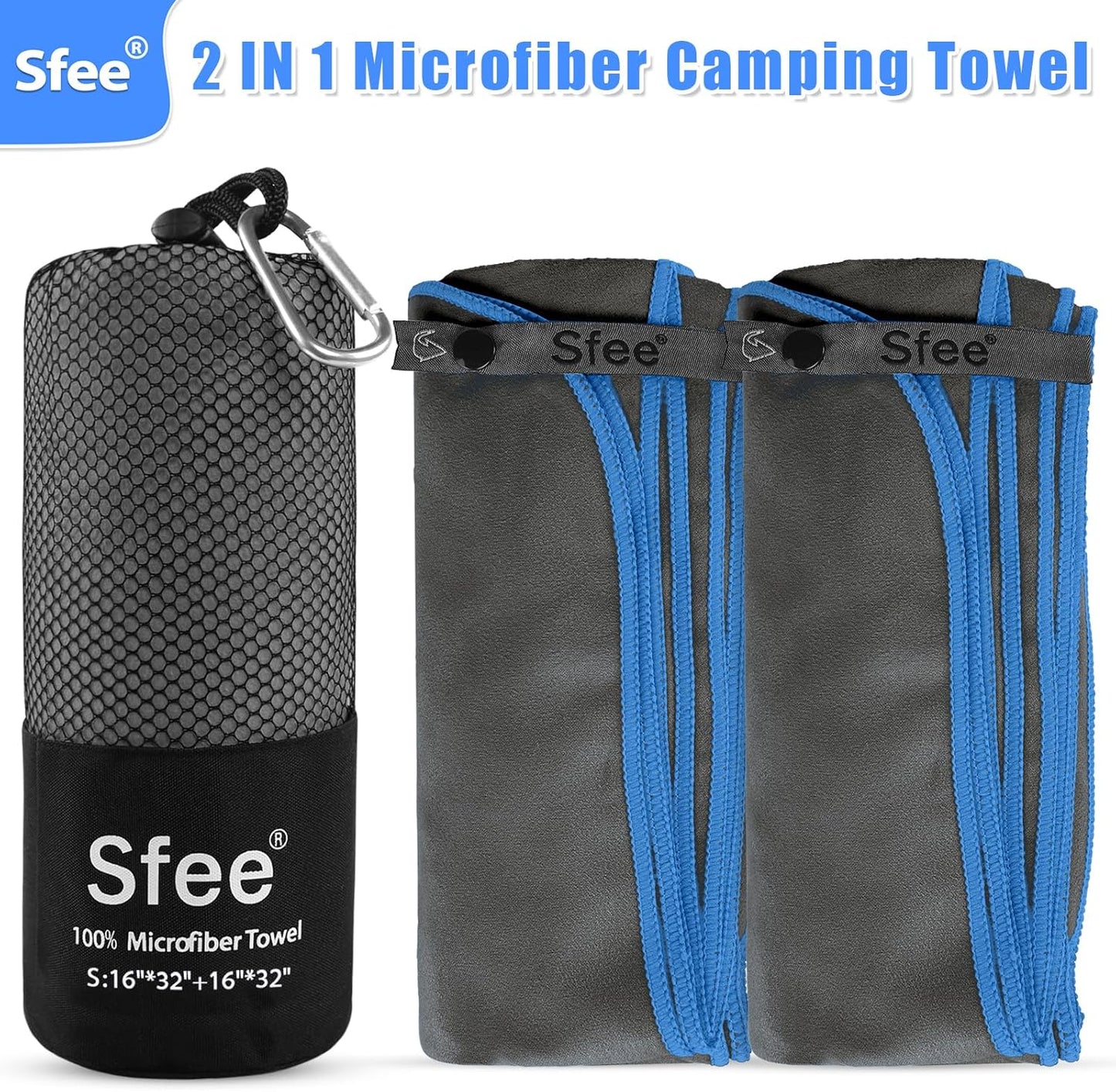Sfee 2 Pack Microfiber Travel Towel, Quick Dry Towel Camping Towel Beach Towel Super Absorbent Compact Lightweight Sports Gym Towels Set for Beach, Gym, Hiking, Pool, Backpacking, Bath, Yoga