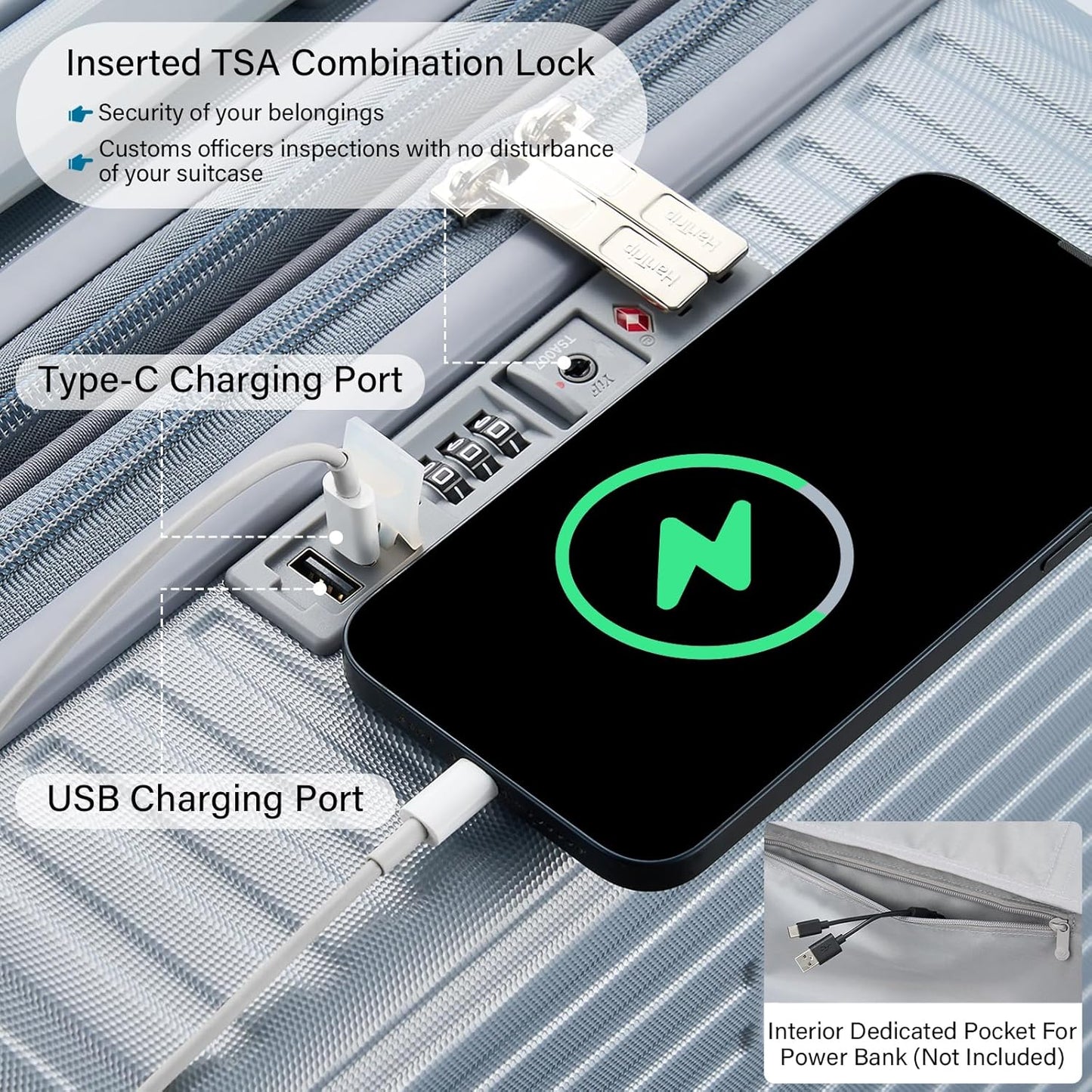 Hard Shell Suitcases Expandable Travel Luggage Sets 3 Piece, Carry on and Check in 3 Piece Luggage Suitcase Sets with Spinner Wheels Cup Holder Charger Built in (Silver, 20/24/28)