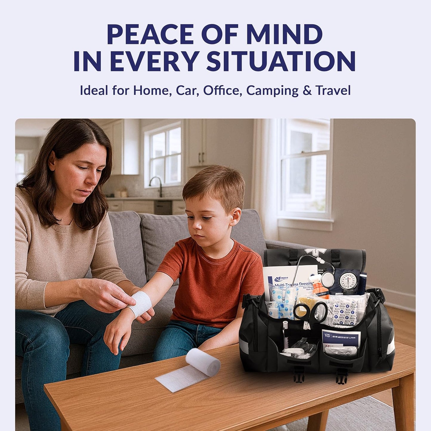 MFASCO First Aid Kit - Fully Stocked Portable Reflective Bag -First Responder Emergency Response Kit-for Natural Disaster Preparedness-Customizable Storage-Includes 415 Pcs First Aid Supplies-Black