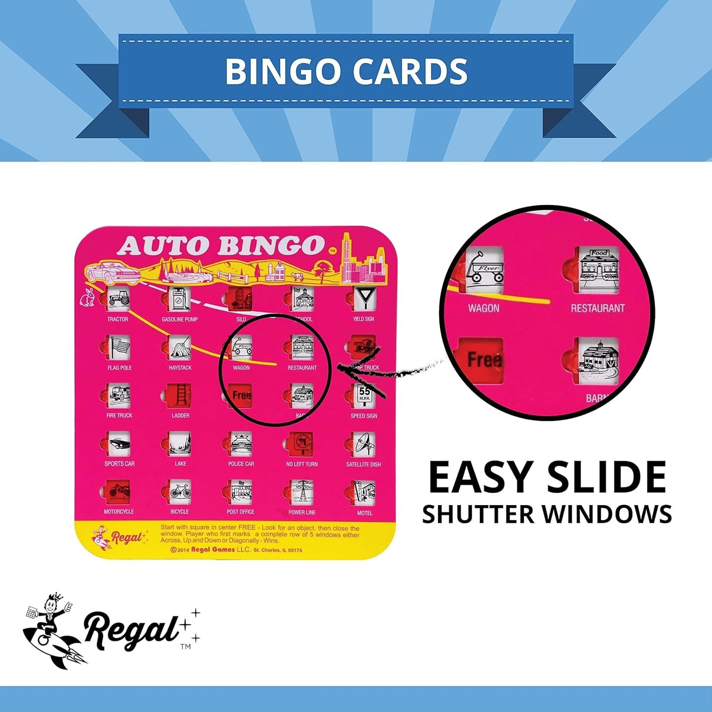 Regal Games Finger-Tip Shutter Bingo Cards with Sliding Windows - Auto Bingo Game Set - Travel Game for Adults & Kids - Reusable, No Chips & Daubers Needed - 4 Packs - Pink