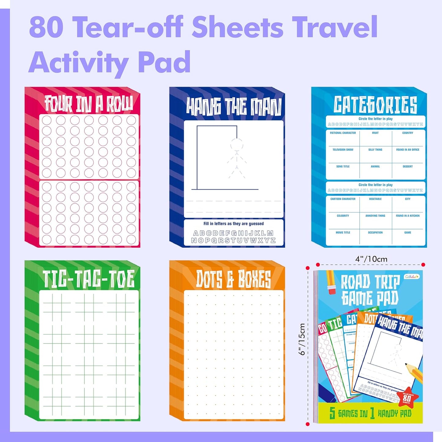 Road Trip Game Pad, 80 Tear-Off Sheets 5 Classic Games in 1 Pad, Dots & Boxes, Tic-tac-Toe, Categories, Plane Travel, Car Trip Activity, Pen Pencil & Paper Game for Kids, Adults (4” x 6”)