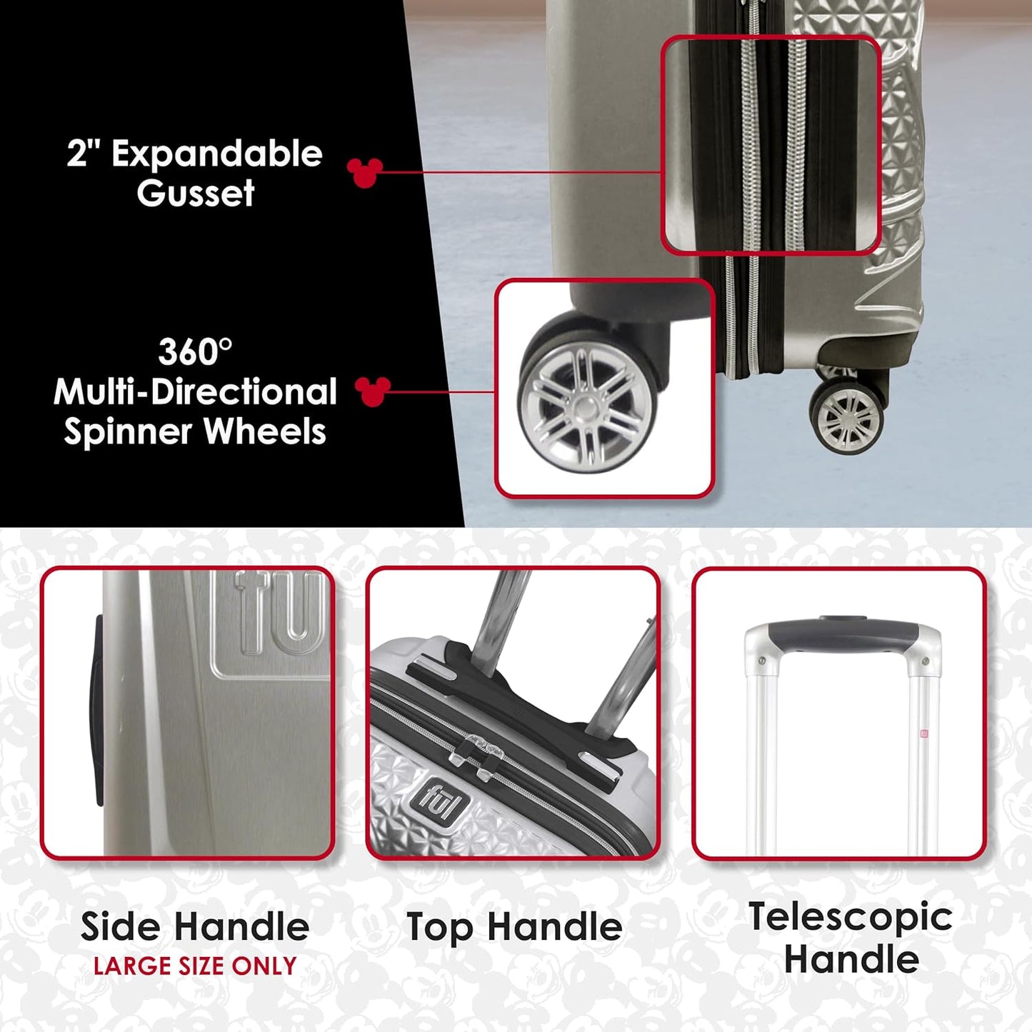 FUL Disney Mickey Mouse 3 Piece Rolling Luggage Set, Hardshell Suitcases with Spinner Wheels, 22/26/30 Inch, Silver