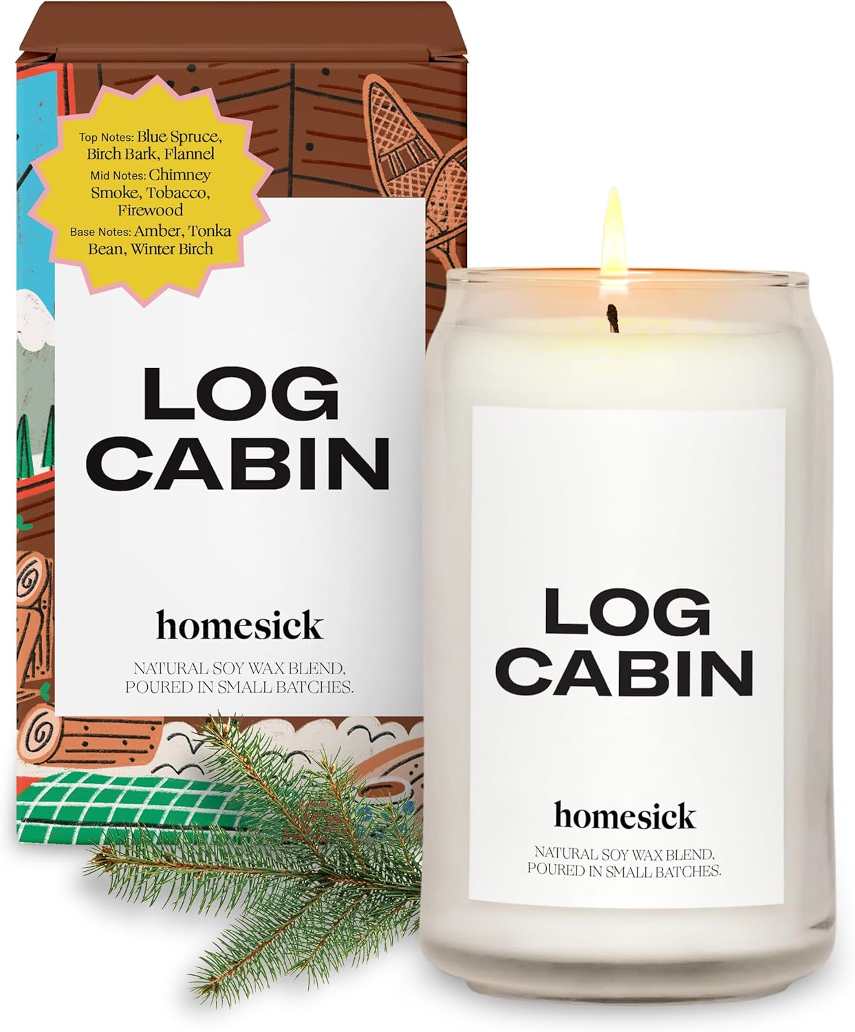 Homesick Scented Candles for Home (Log Cabin) - 13.75 oz Long-Lasting Natural Soy Wax Blend Jar Candle Gifts for Women & Men, 60-80 Hours Burn Time - Notes of Blue Spruce, Chimney Smoke & Amber
