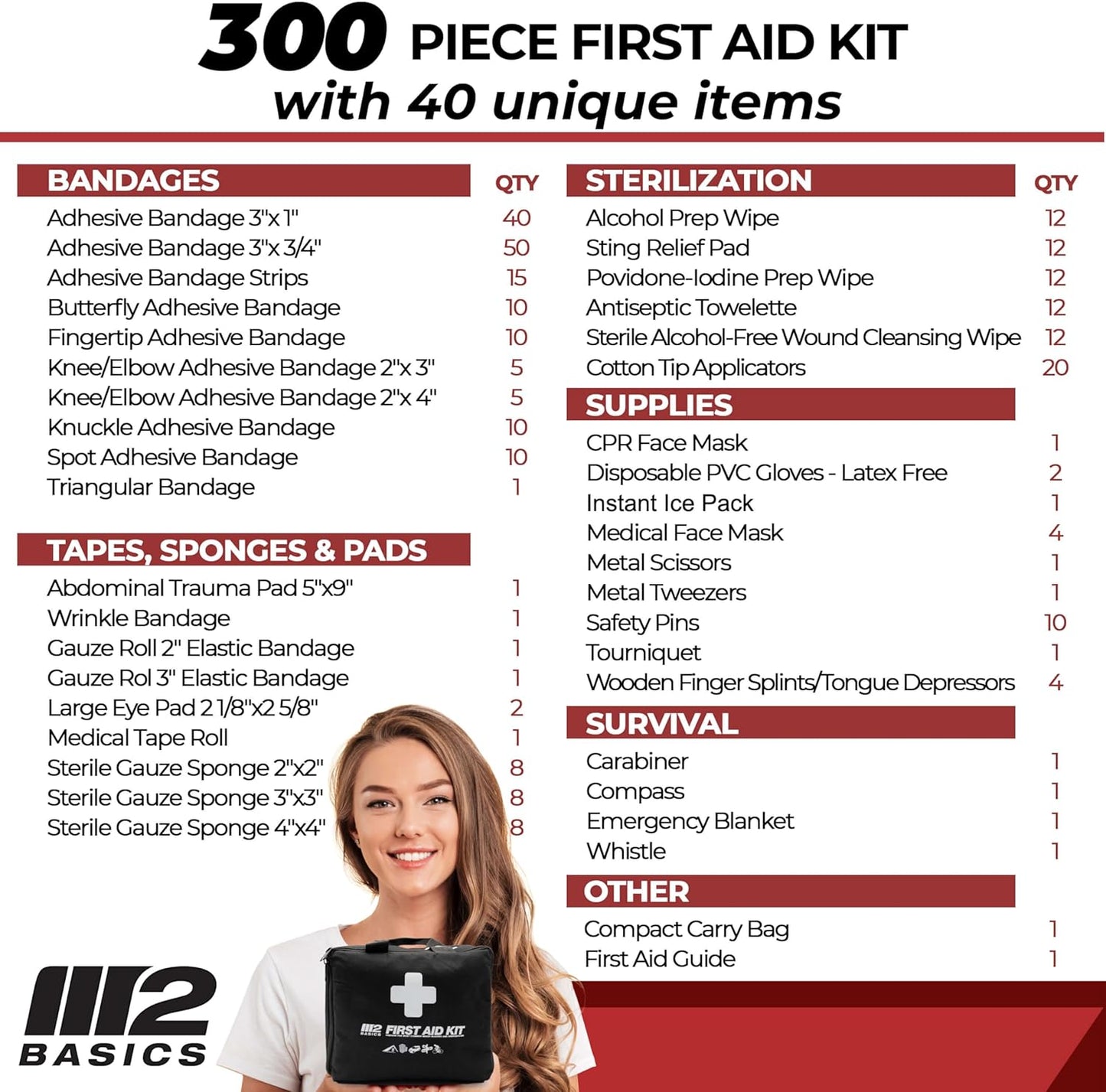 M2 BASICS Premium First Aid Kit (300 Pieces, 40 Unique Items) First Aid Kit for Home, Car, Vehicles, Business, Travel, Outdoors, Camping, Travel Sports – Durable Bag, Emergency Medical Supplies