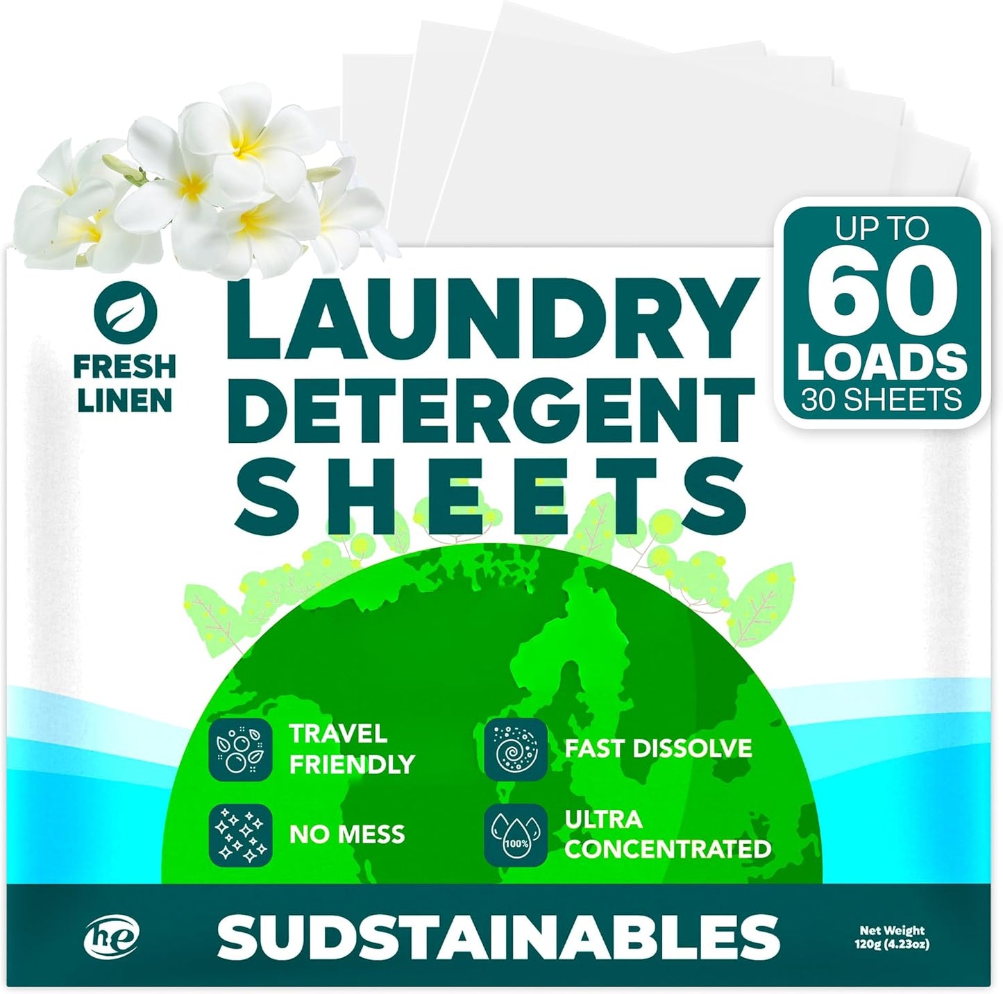 Sudstainables Laundry Detergent Sheets 60 Loads – Dissolvable Laundry Sheet for Washing Machines, Compact Alternative to Liquid & Powder Detergent, Travel-Friendly Soap | Fresh Linen