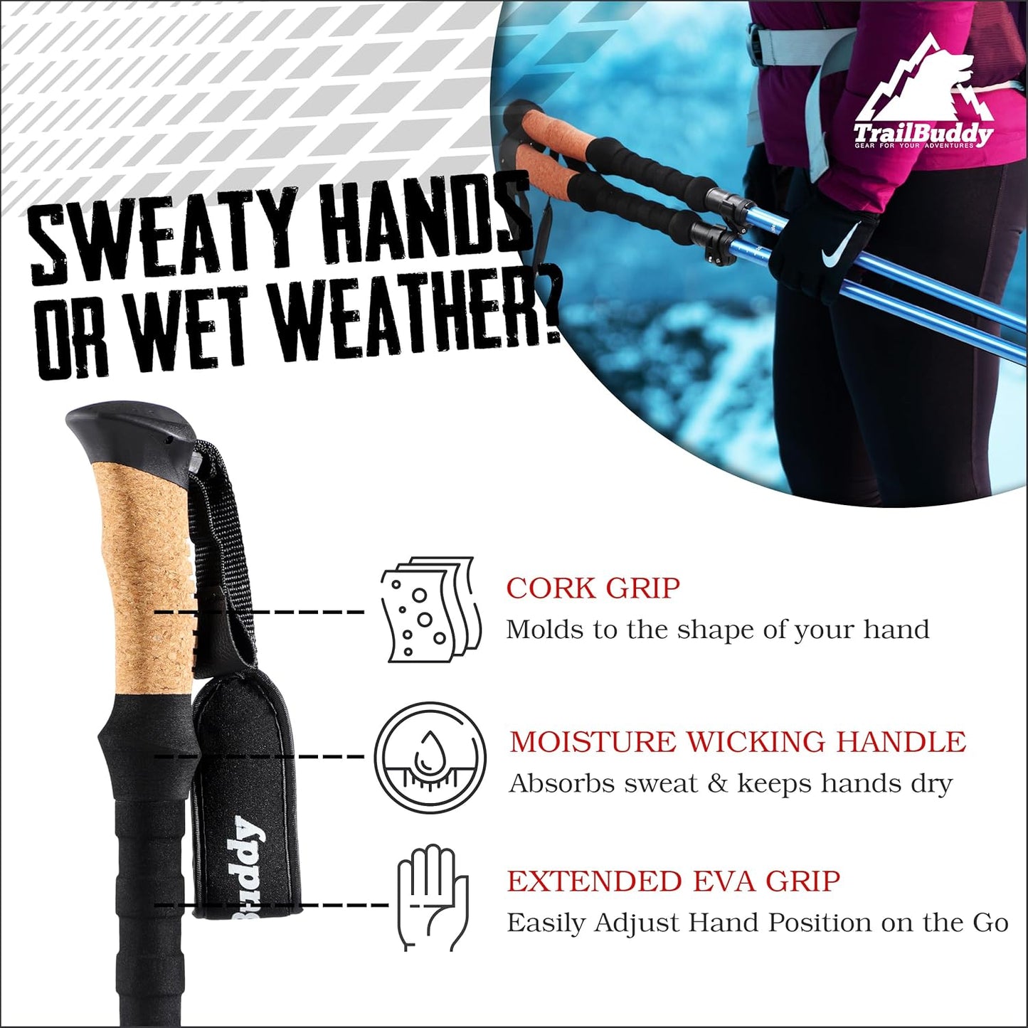 TrailBuddy Foldable Trekking Poles – Ultralight 7075 Aluminum, EVA & Cork Grip Collapsible Hiking Poles – Lightweight Adjustable Walking Sticks for Men, Women, Seniors & Travel