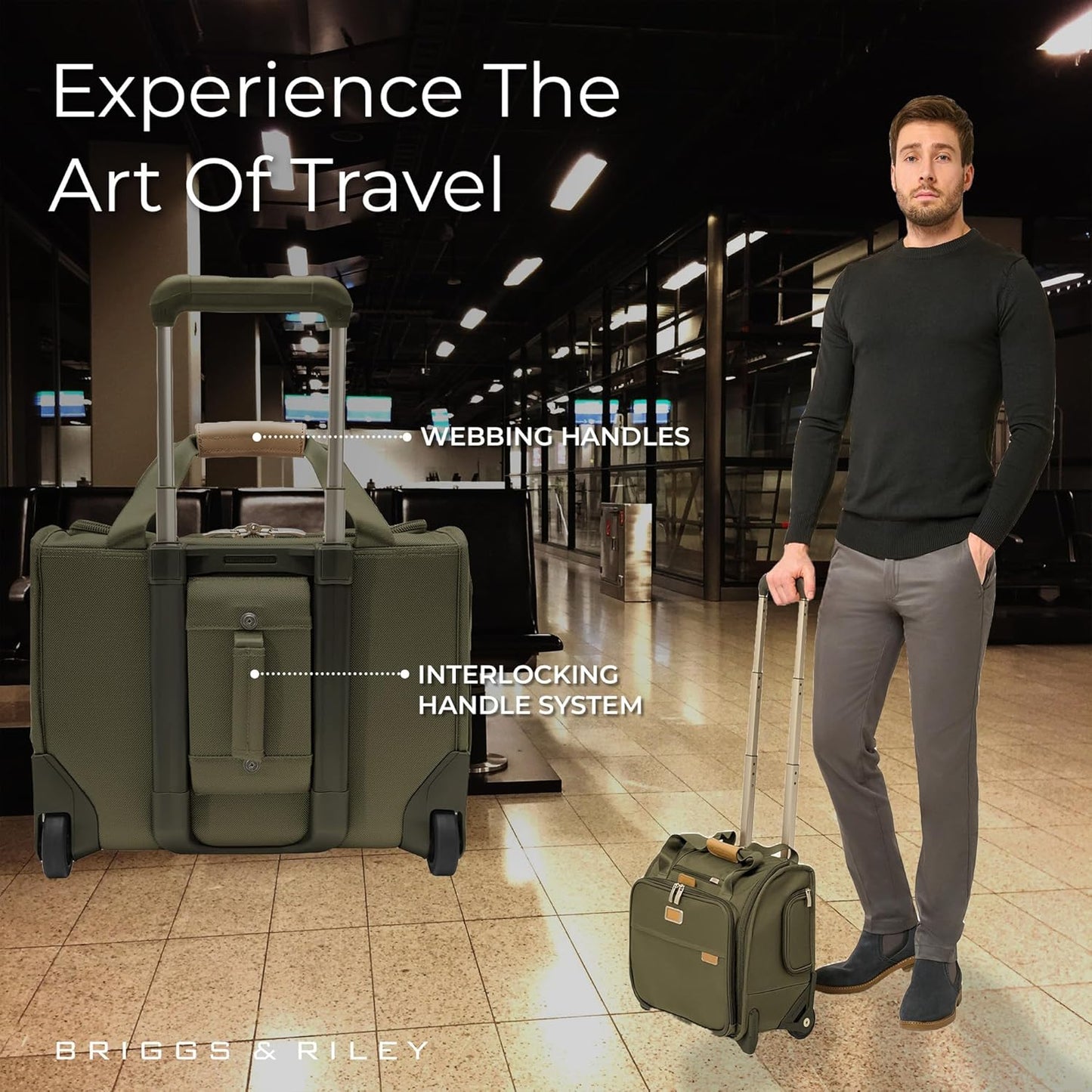 Briggs & Riley 2-Wheel Cabin Bag - Carry On Luggage for Travel, Suitcases with Wheels, Softside Rolling Bag for Men & Women, Interlocking Handle, Self-Repairing Zipper - Baseline Collection, Olive