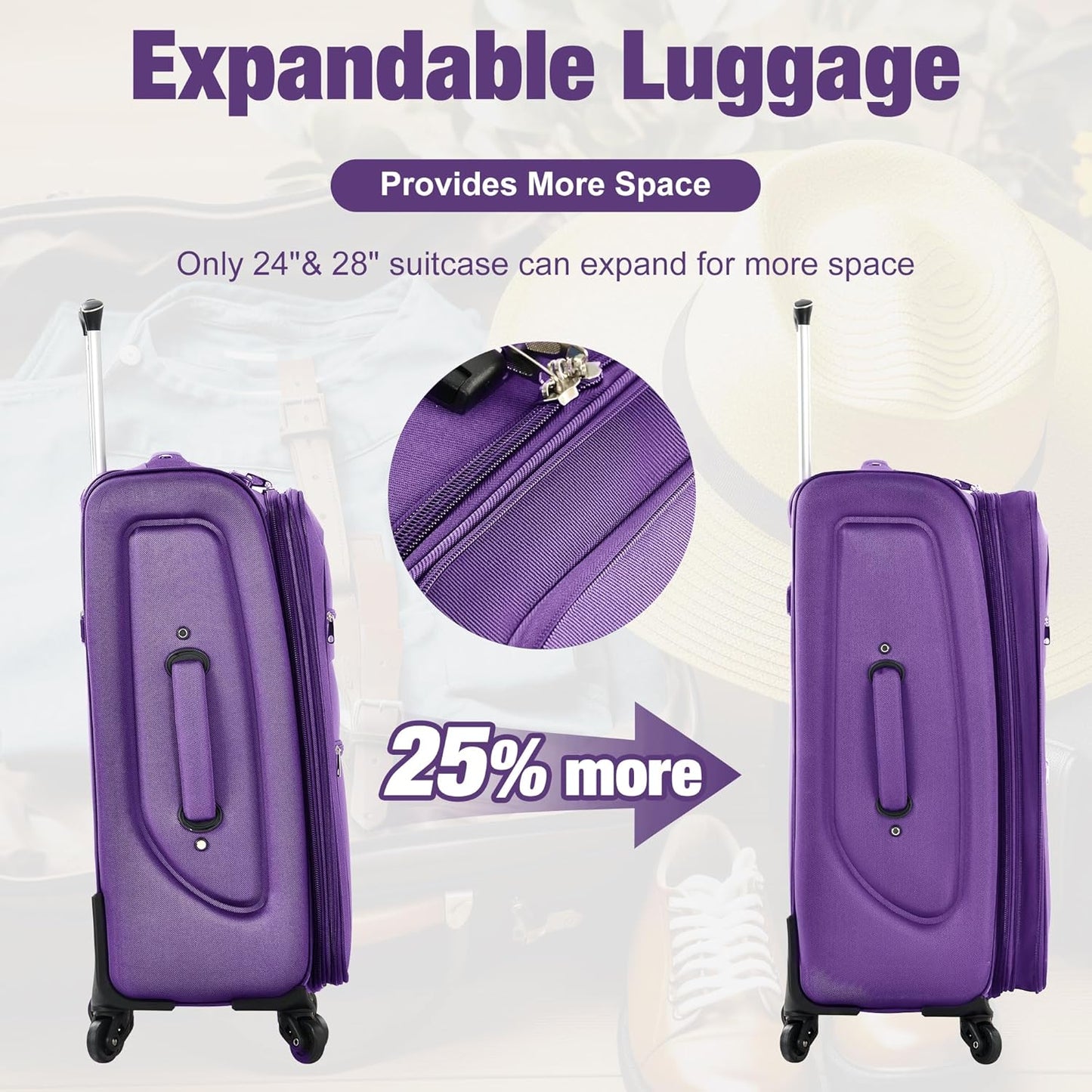 Merax Softside Luggage Set 3 Piece Suitcase with Duffel Bag Spinner Wheels Lightweight Expandable Travel Luggage 22" 26" 30",Purple
