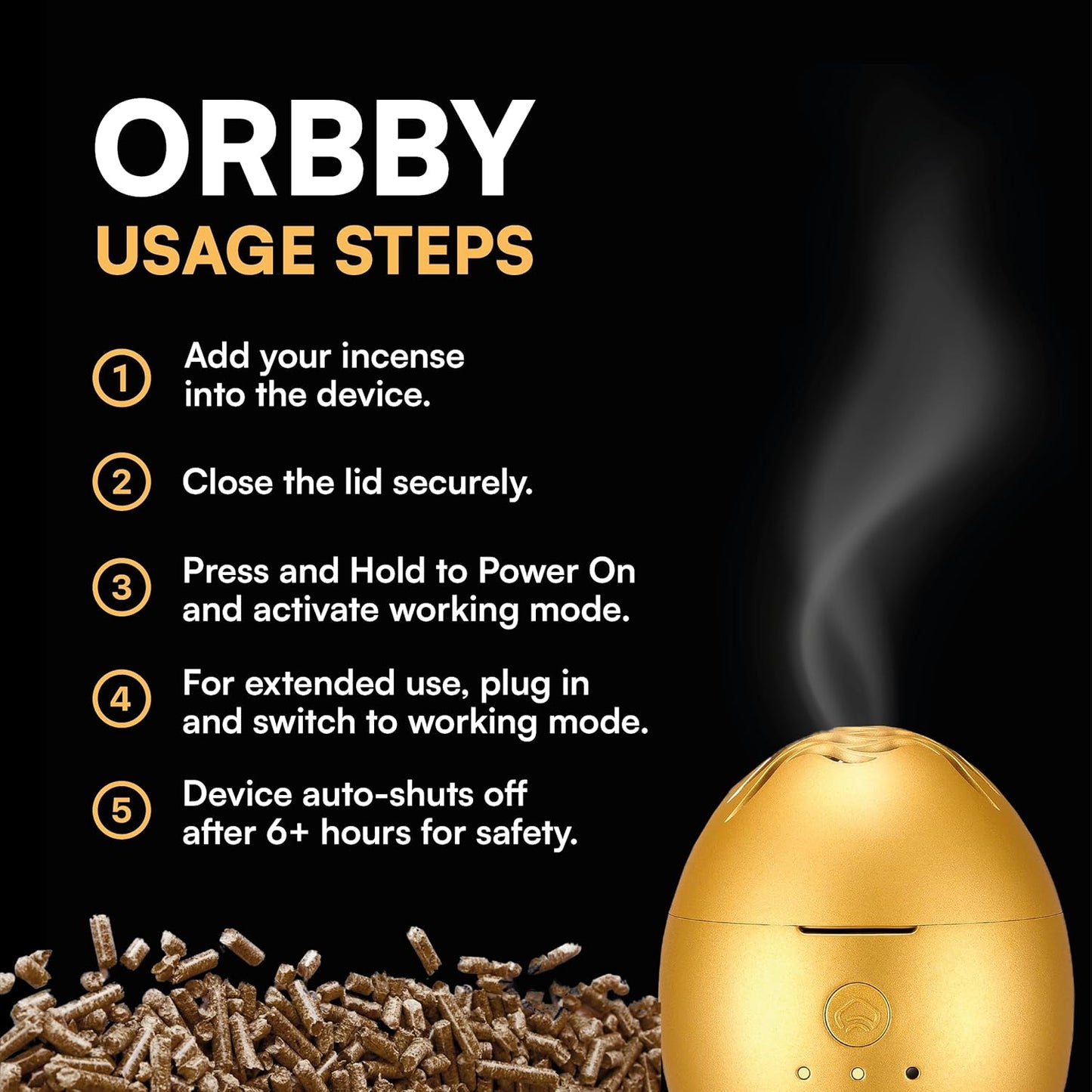 Orbby Scent Diffuser Starter Kit | Small Portable Desk Diffuser for Office: Electric Incense Burner, Rechargeable Cordless Pet Safe, Odor Eliminator – Flameless (Gold, Includes Pellets)